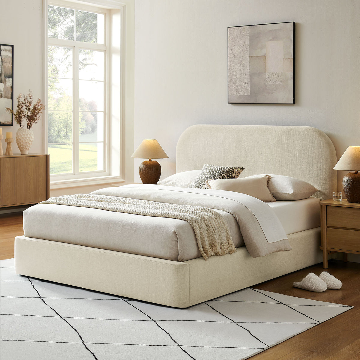 Keynote Full Fabric Upholstered Storage Platform Bed Frame - Ecru