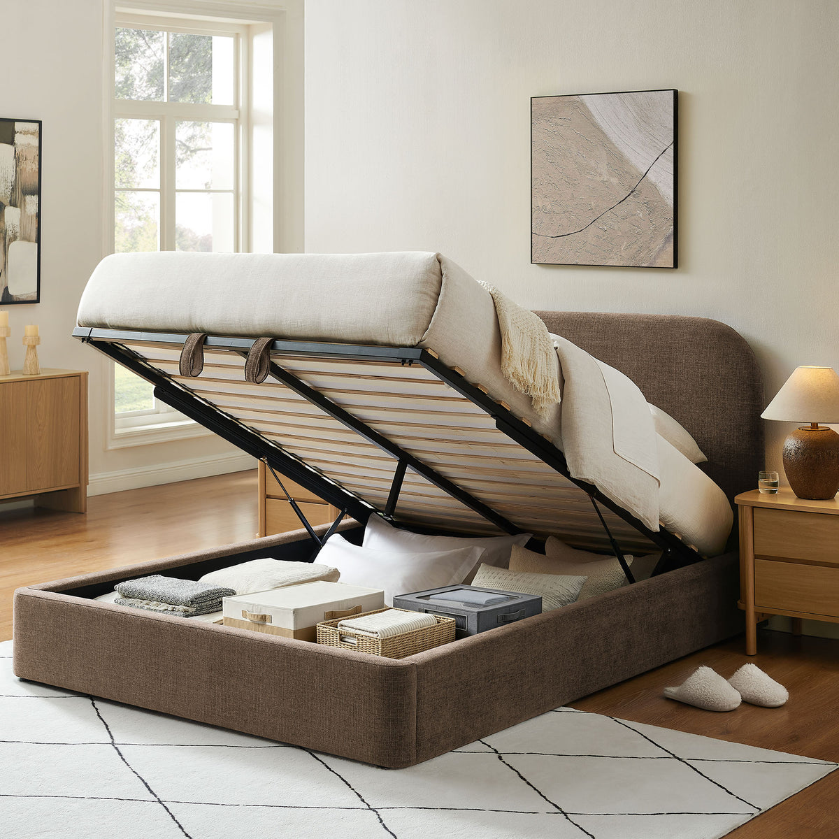 Keynote Full Fabric Upholstered Storage Platform Bed Frame - Mocha