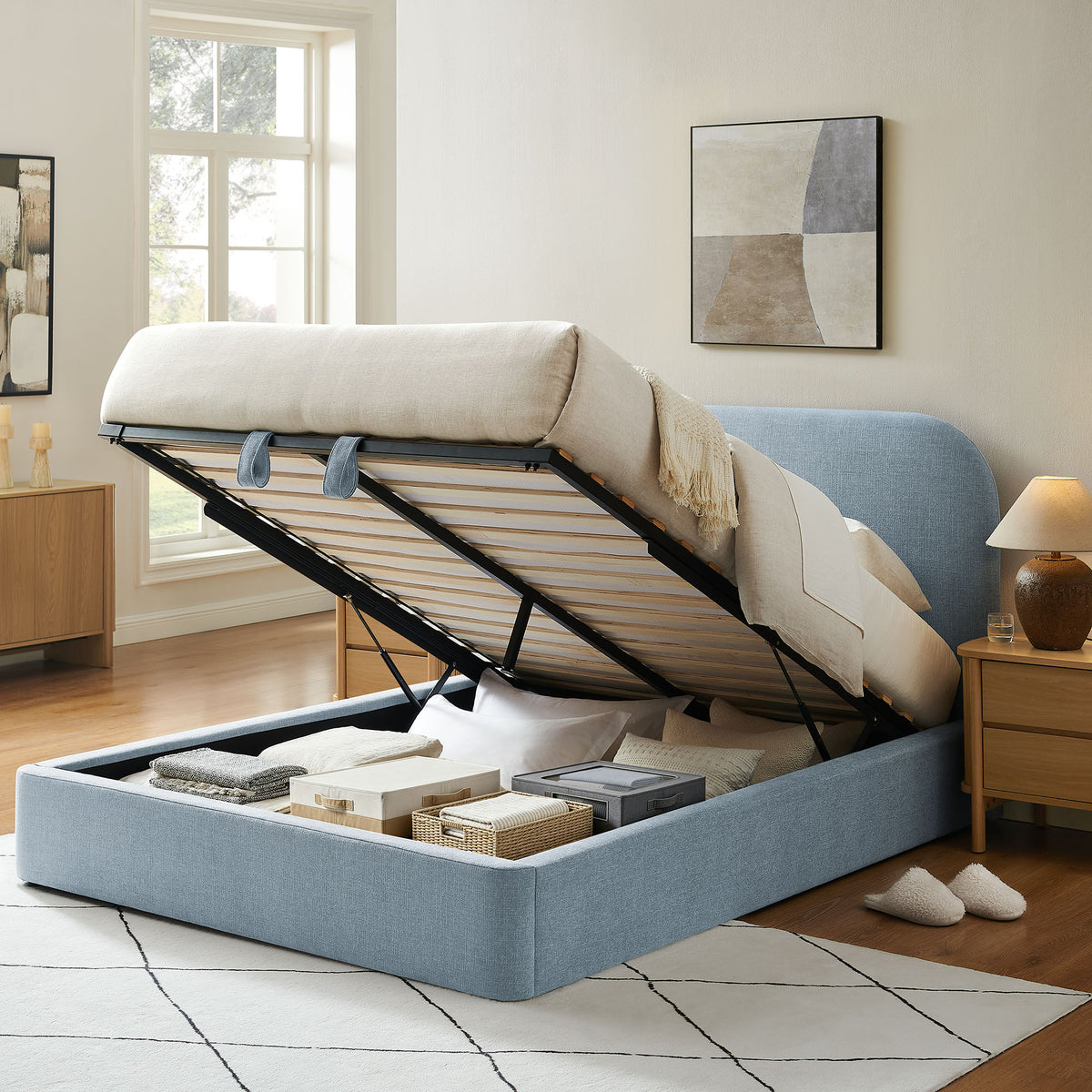 Keynote Full Fabric Upholstered Storage Platform Bed Frame - Sky