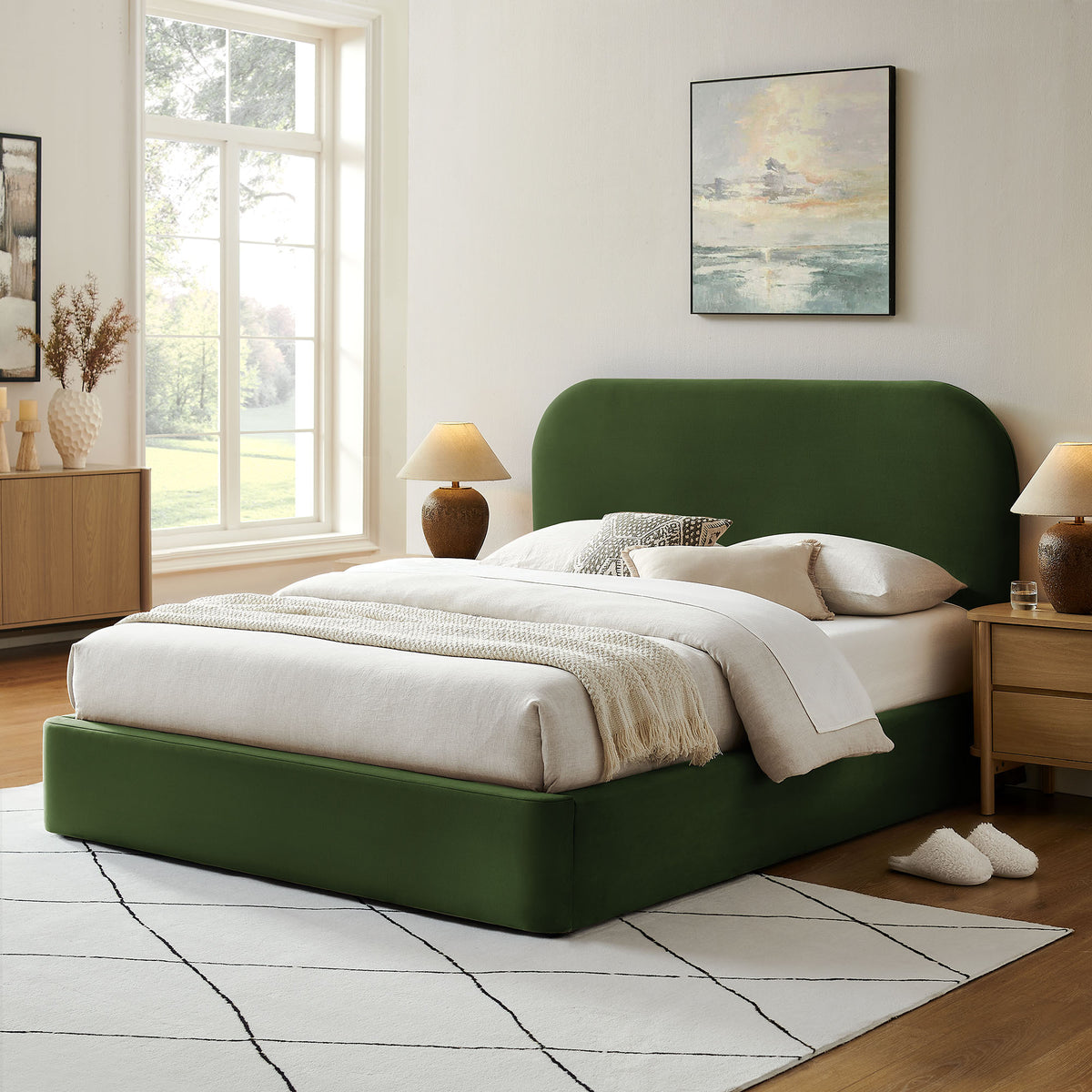 Keynote Queen Performance Velvet Storage Platform Bed Frame - Moss Green
