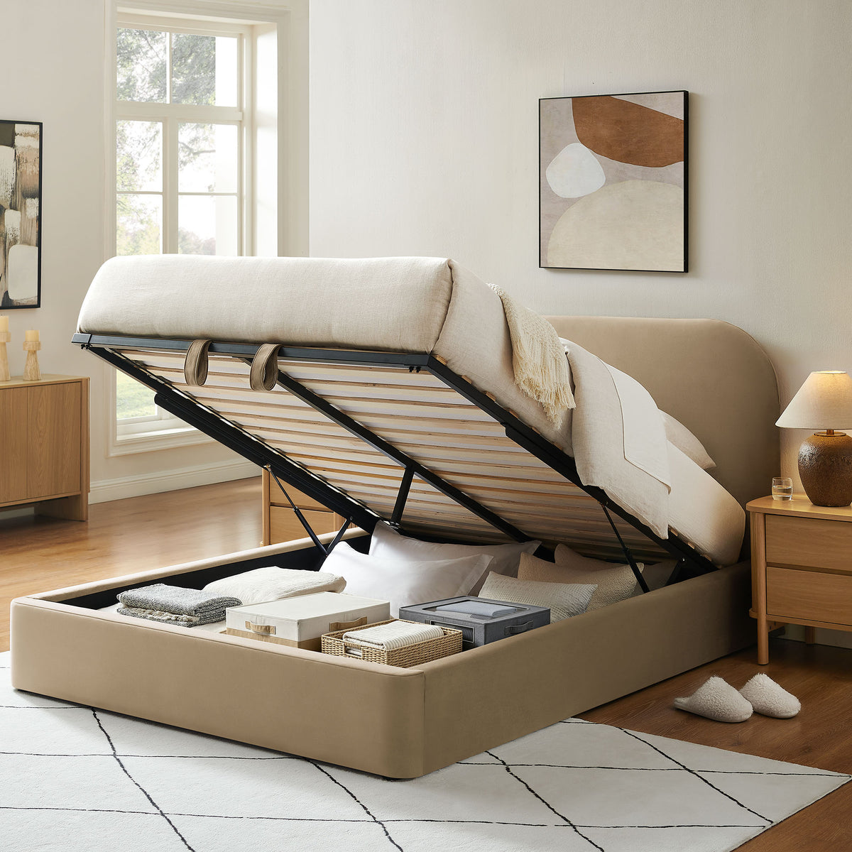 Keynote Queen Performance Velvet Storage Platform Bed Frame - Taupe