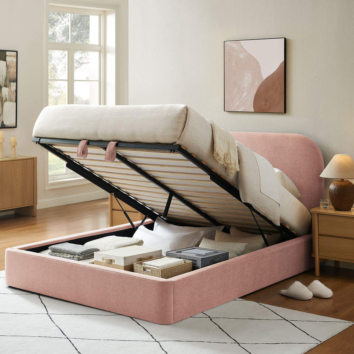 Keynote Queen Fabric Upholstered Storage Platform Bed Frame - Blush