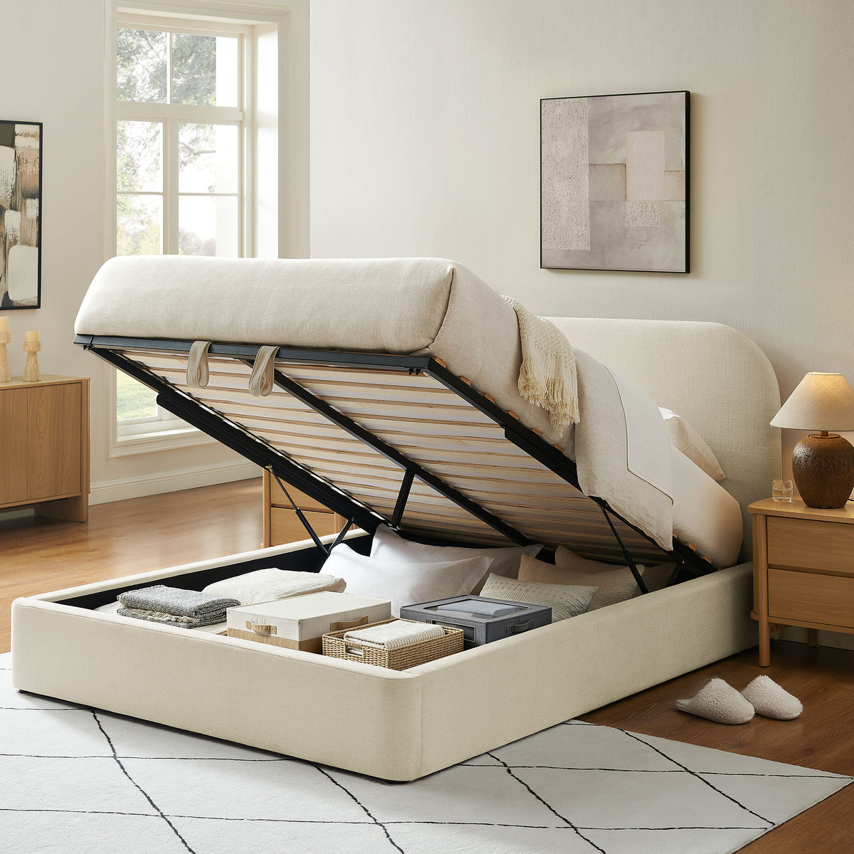 Keynote Queen Fabric Upholstered Storage Platform Bed Frame - Ecru