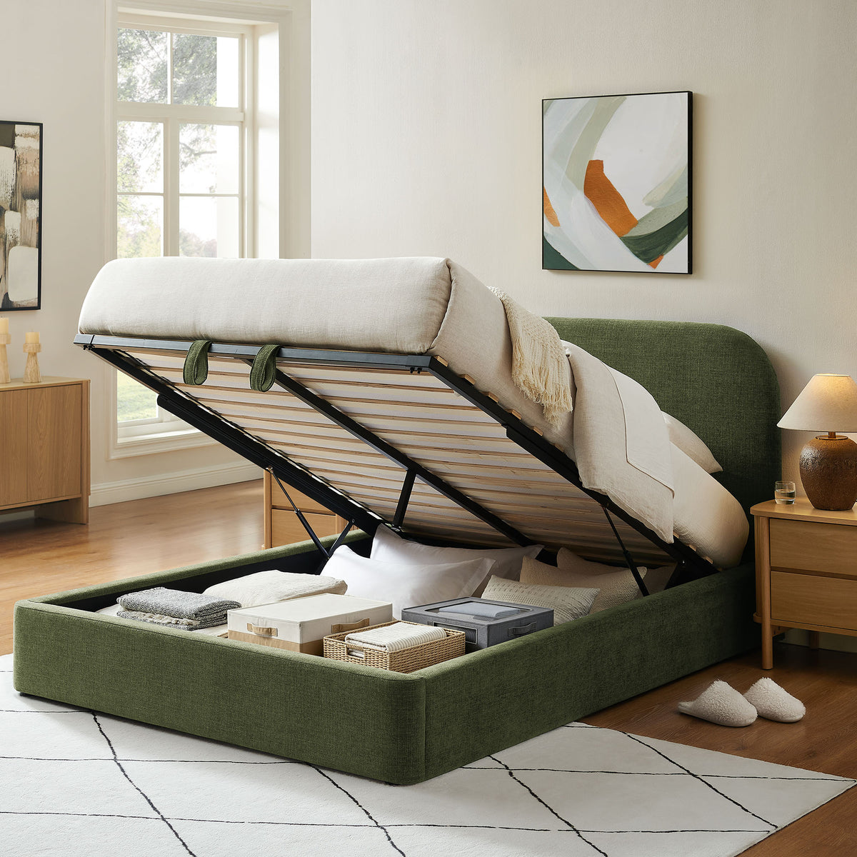 Keynote Queen Fabric Upholstered Storage Platform Bed Frame - Foliage