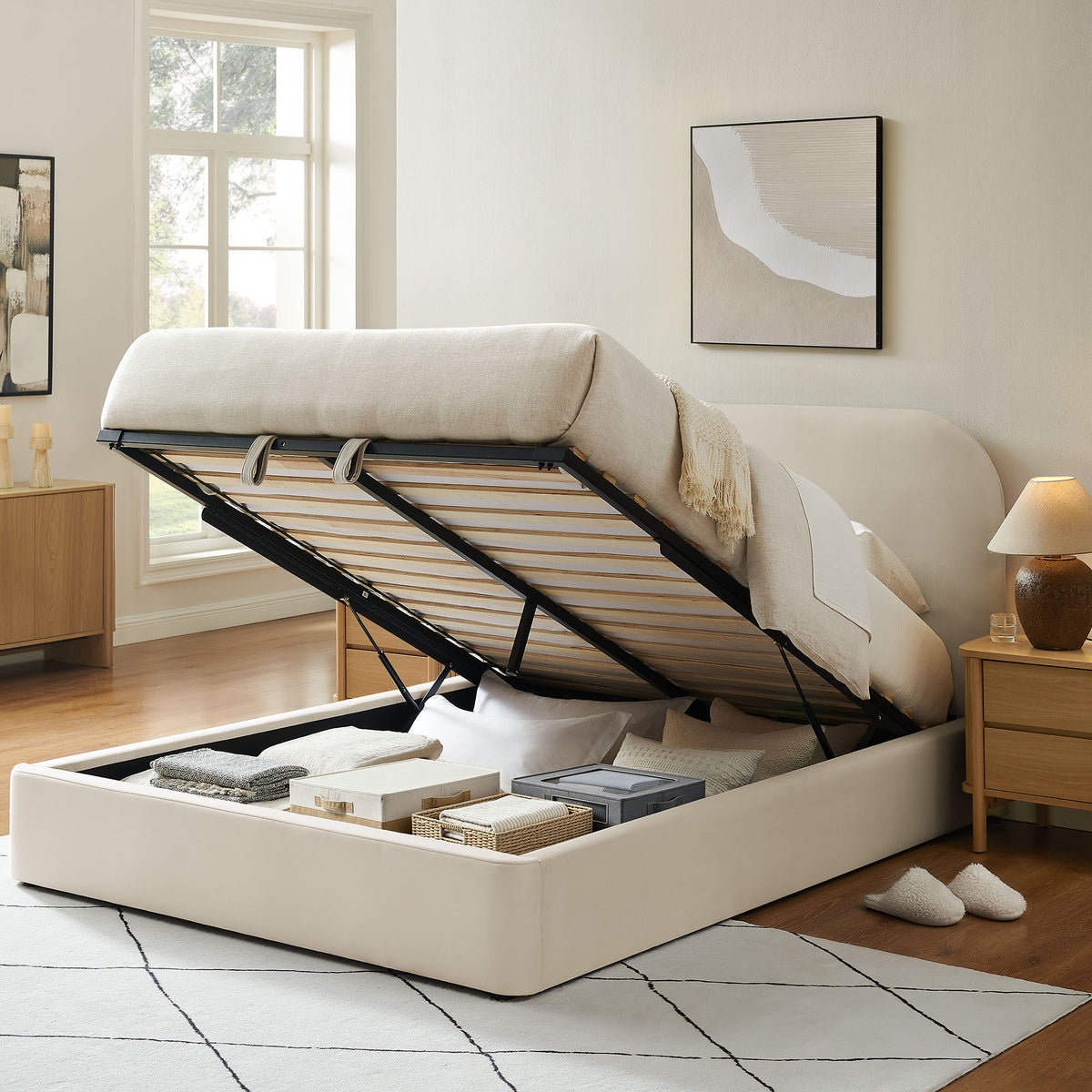 Keynote King Performance Velvet Storage Platform Bed Frame - Alabaster