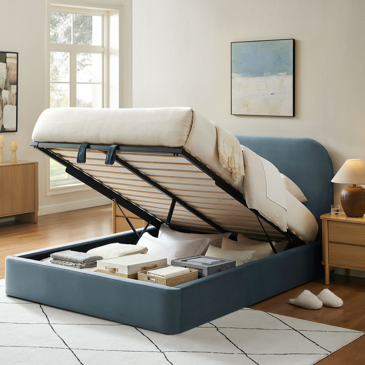 Keynote King Performance Velvet Storage Platform Bed Frame - Cadet Blue
