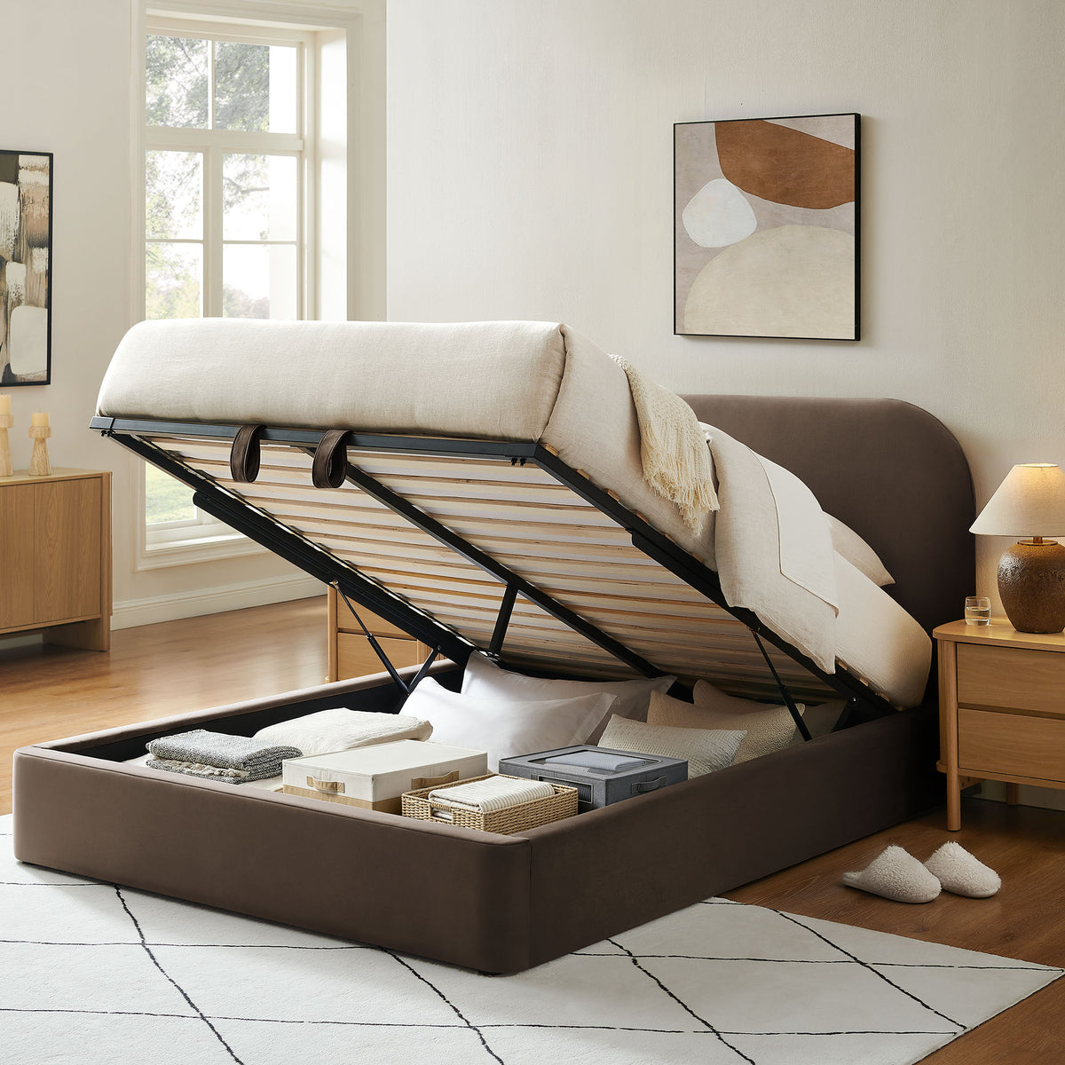 Keynote King Performance Velvet Storage Platform Bed Frame - Chocolate Brown