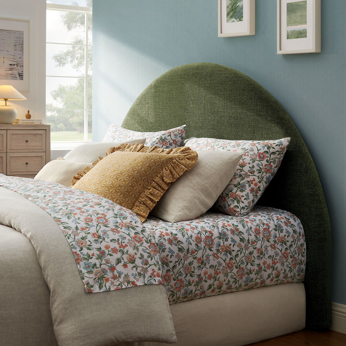 Resort King Size Upholstered Fabric Arched Headboard - Foliage