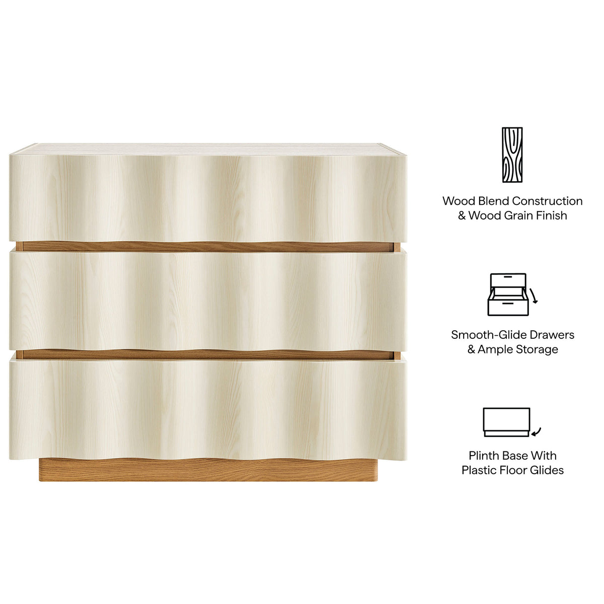 Isola Wavy 3 Drawer Chest - White Light Oak