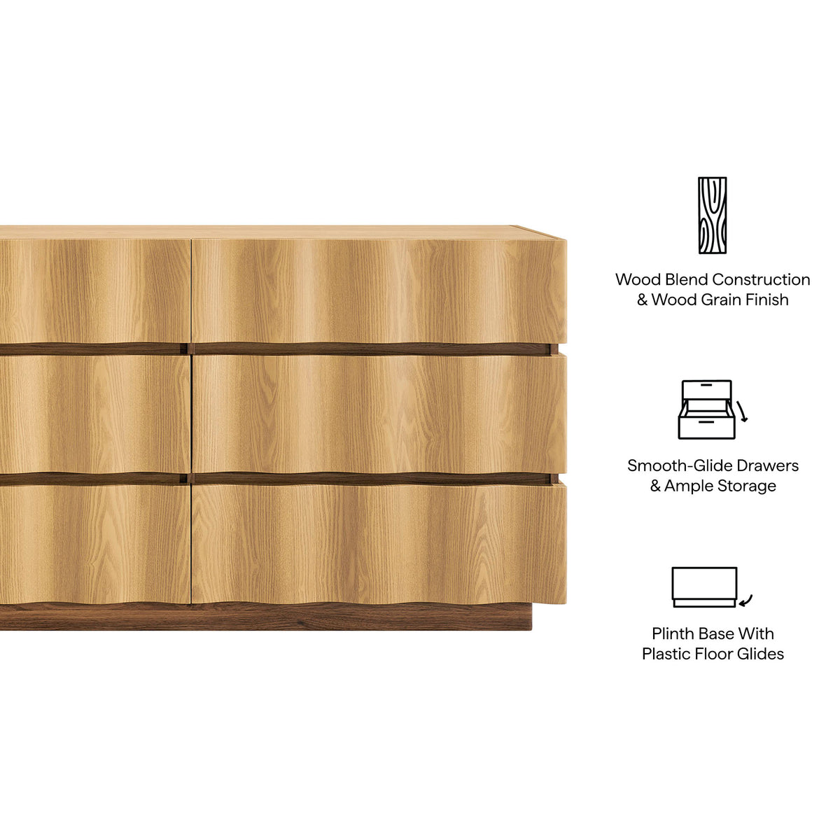 Isola Wavy 6 Drawer Dresser - Light Oak Walnut