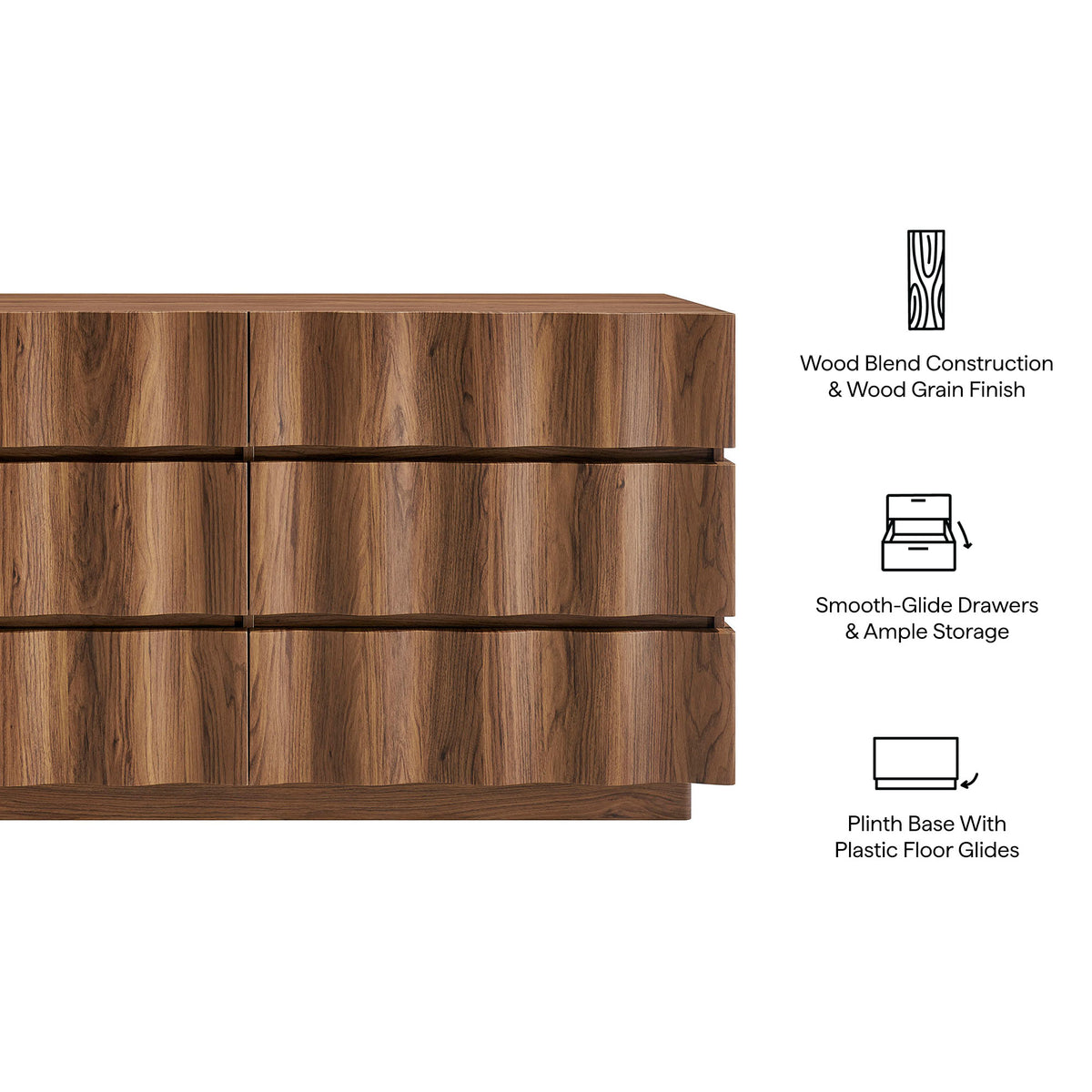 Isola Wavy 6 Drawer Dresser - Walnut