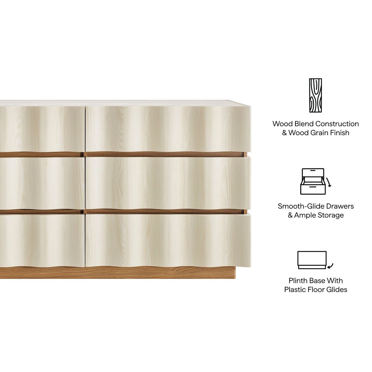 Isola Wavy 6 Drawer Dresser - White Light Oak
