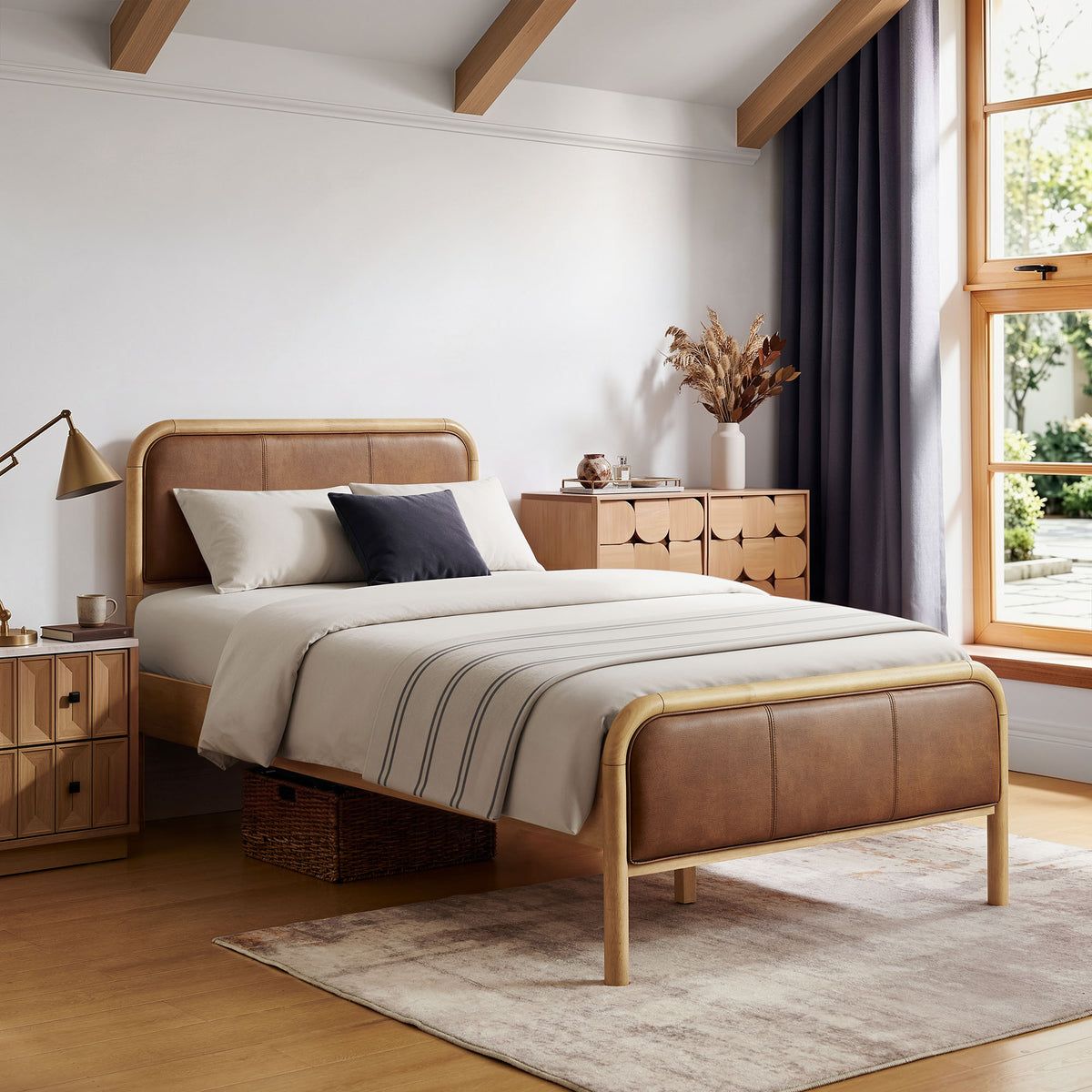 Wexford Vegan Leather Twin Platform Bed - Light Oak Canyon