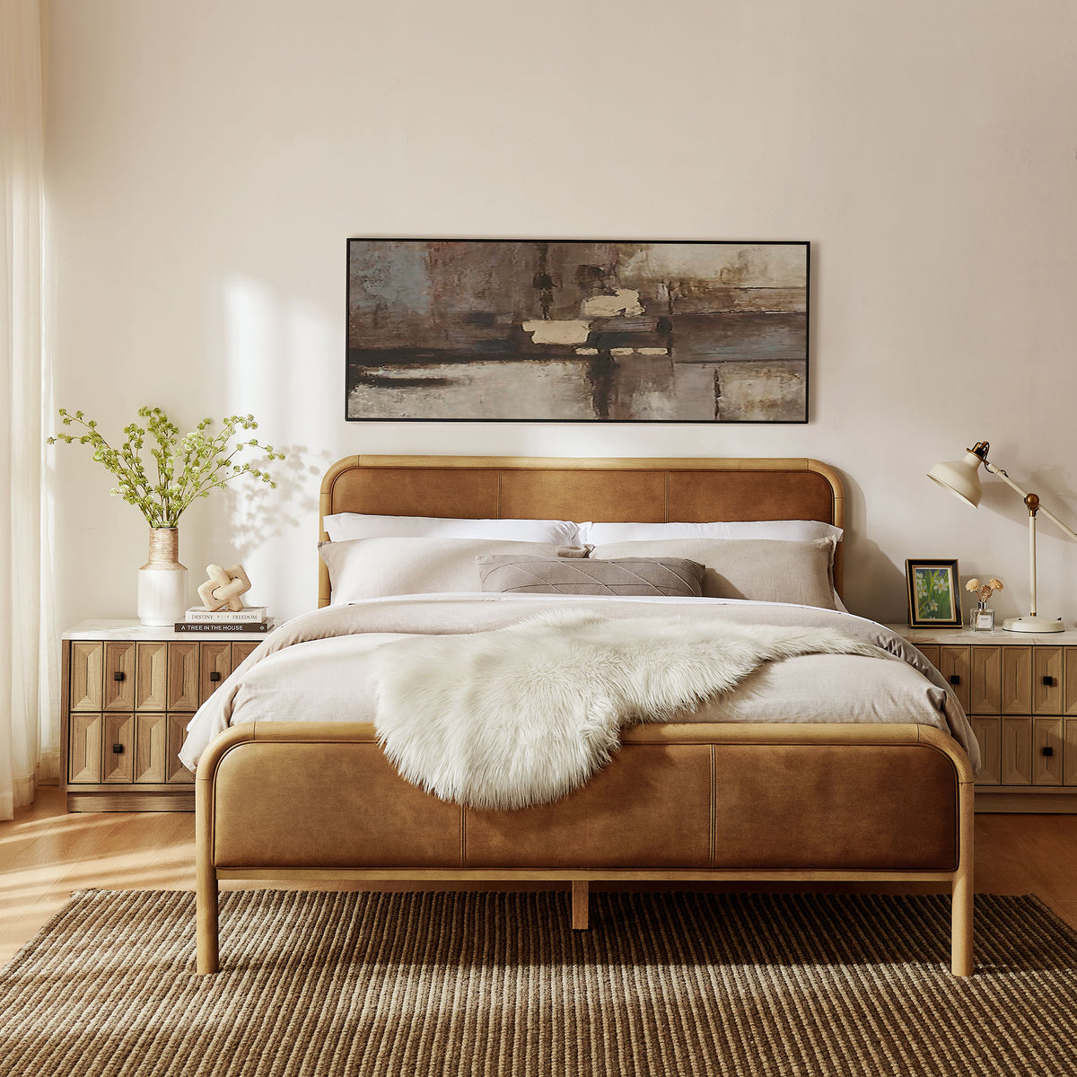 Wexford Vegan Leather King Platform Bed - Light Oak Canyon