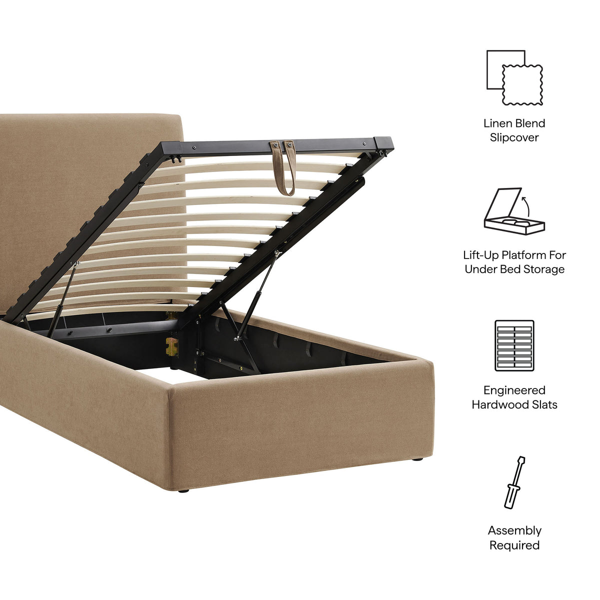 Pemberly Linen Blend Slipocovered Twin Size Storage Bed - Almond