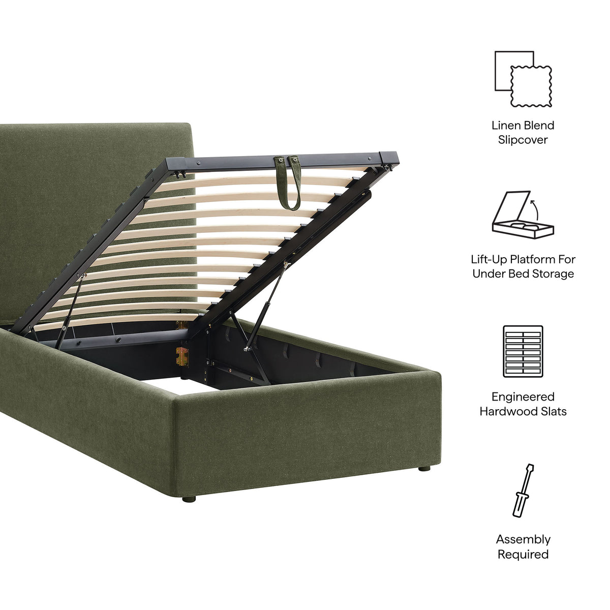 Pemberly Linen Blend Slipocovered Twin Size Storage Bed - Sage
