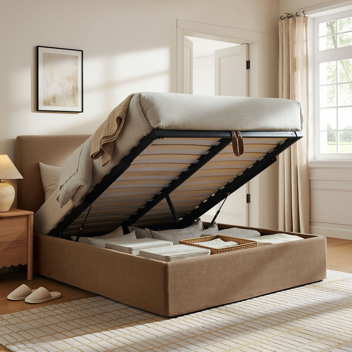 Pemberly Linen Blend Slipcovered Full Size Storage Bed - Almond