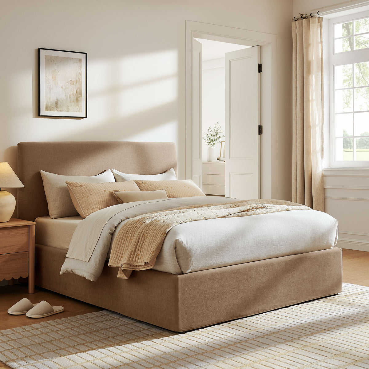 Pemberly Linen Blend Slipcovered Queen Size Storage Bed - Almond