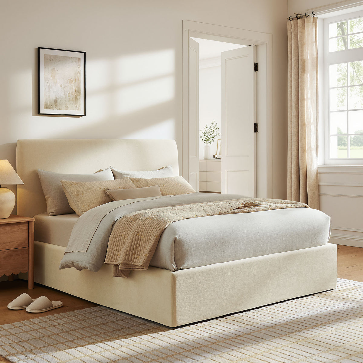 Pemberly Linen Blend Slipcovered Queen Size Storage Bed - Linen