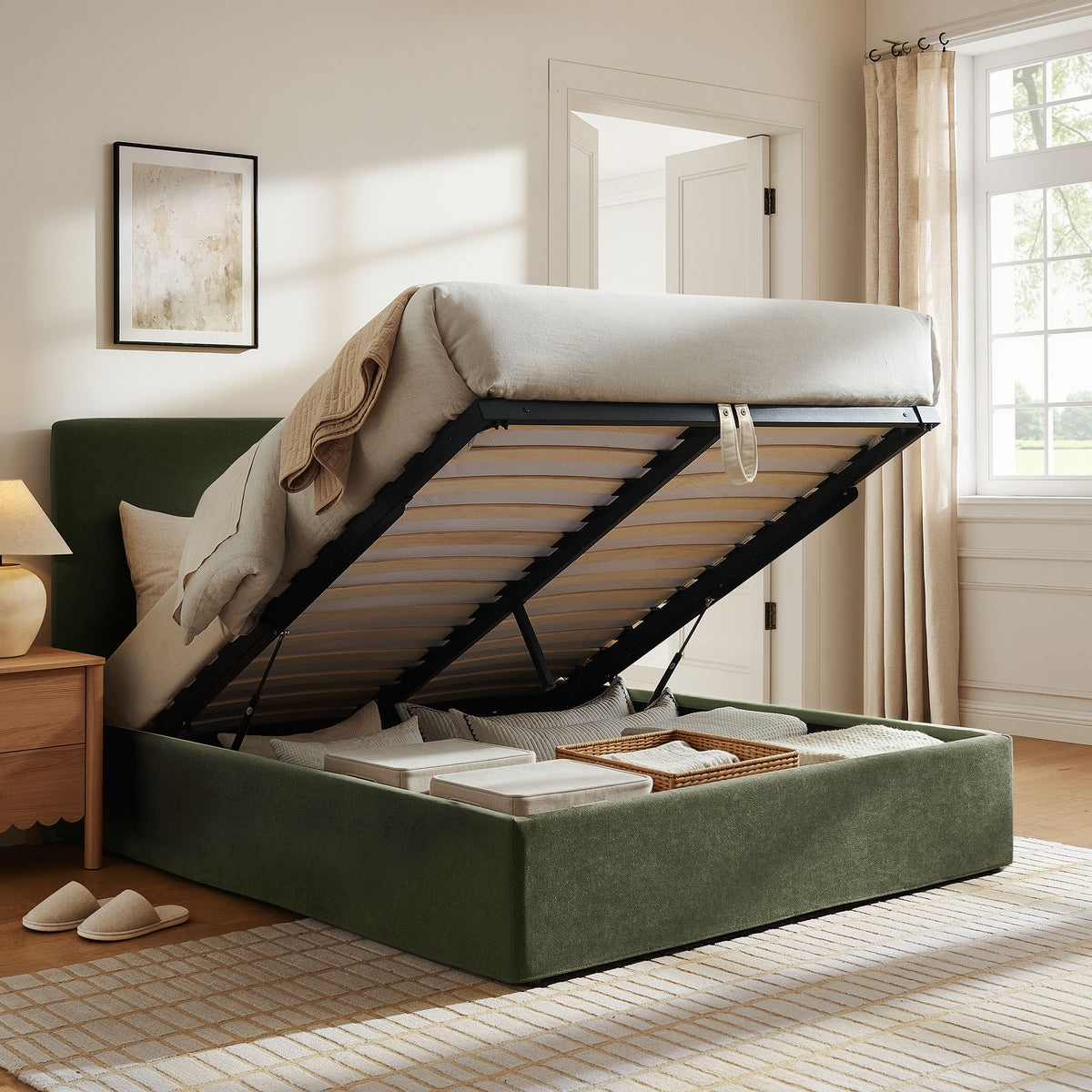 Pemberly Linen Blend Slipcovered King Size Storage Bed - Sage