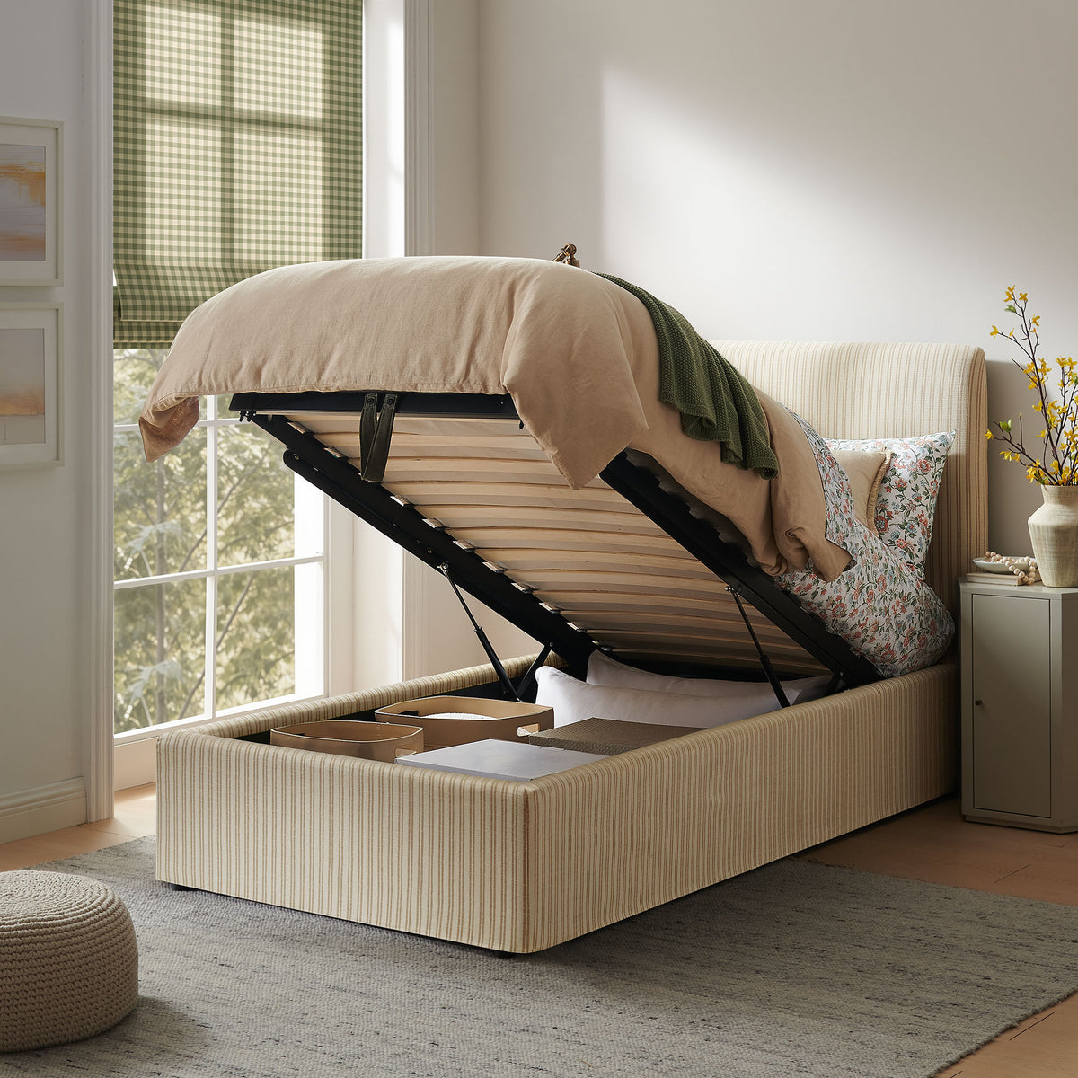 Pemberly Striped Fabric Slipcovered Twin Size Storage Bed - Oatmeal Stripe