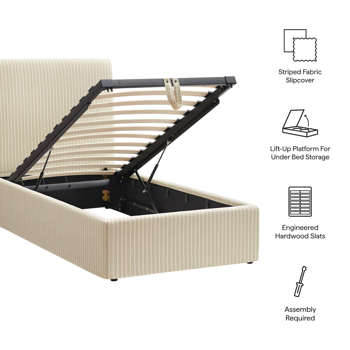 Pemberly Striped Fabric Slipcovered Twin Size Storage Bed - Oatmeal Stripe