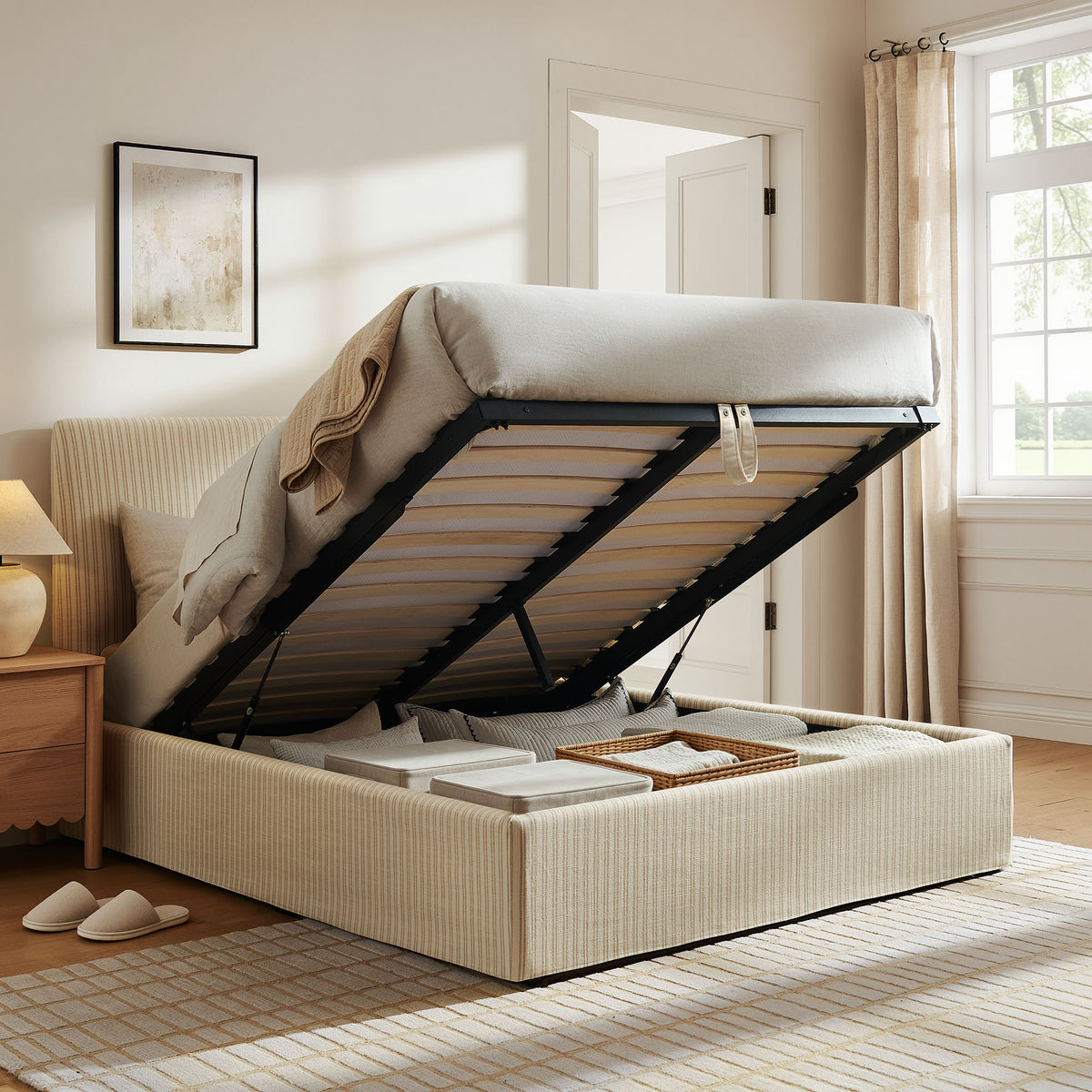 Pemberly Striped Fabric Slipcovered King Size Storage Bed - Oatmeal Stripe