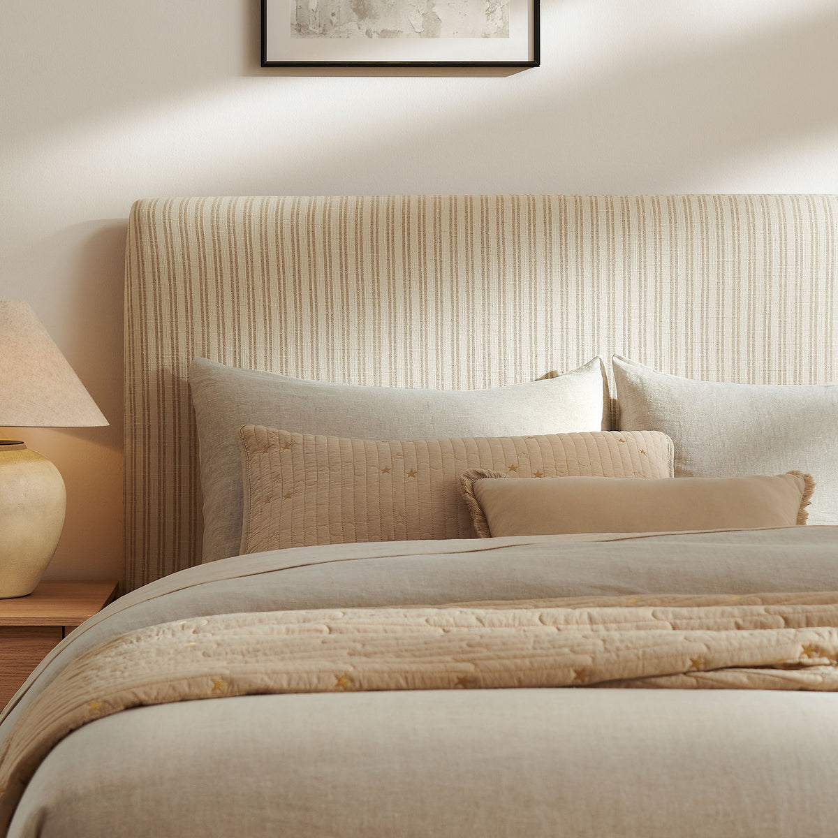 Pemberly Striped Fabric Slipcovered King Size Storage Bed - Oatmeal Stripe