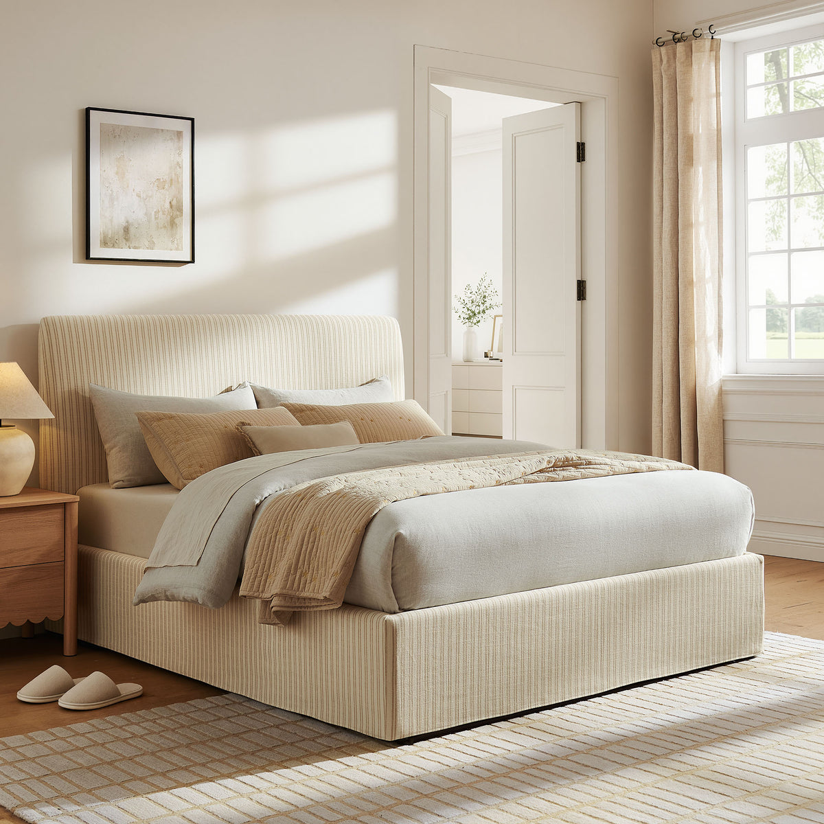 Pemberly Striped Fabric Slipcovered King Size Storage Bed - Oatmeal Stripe