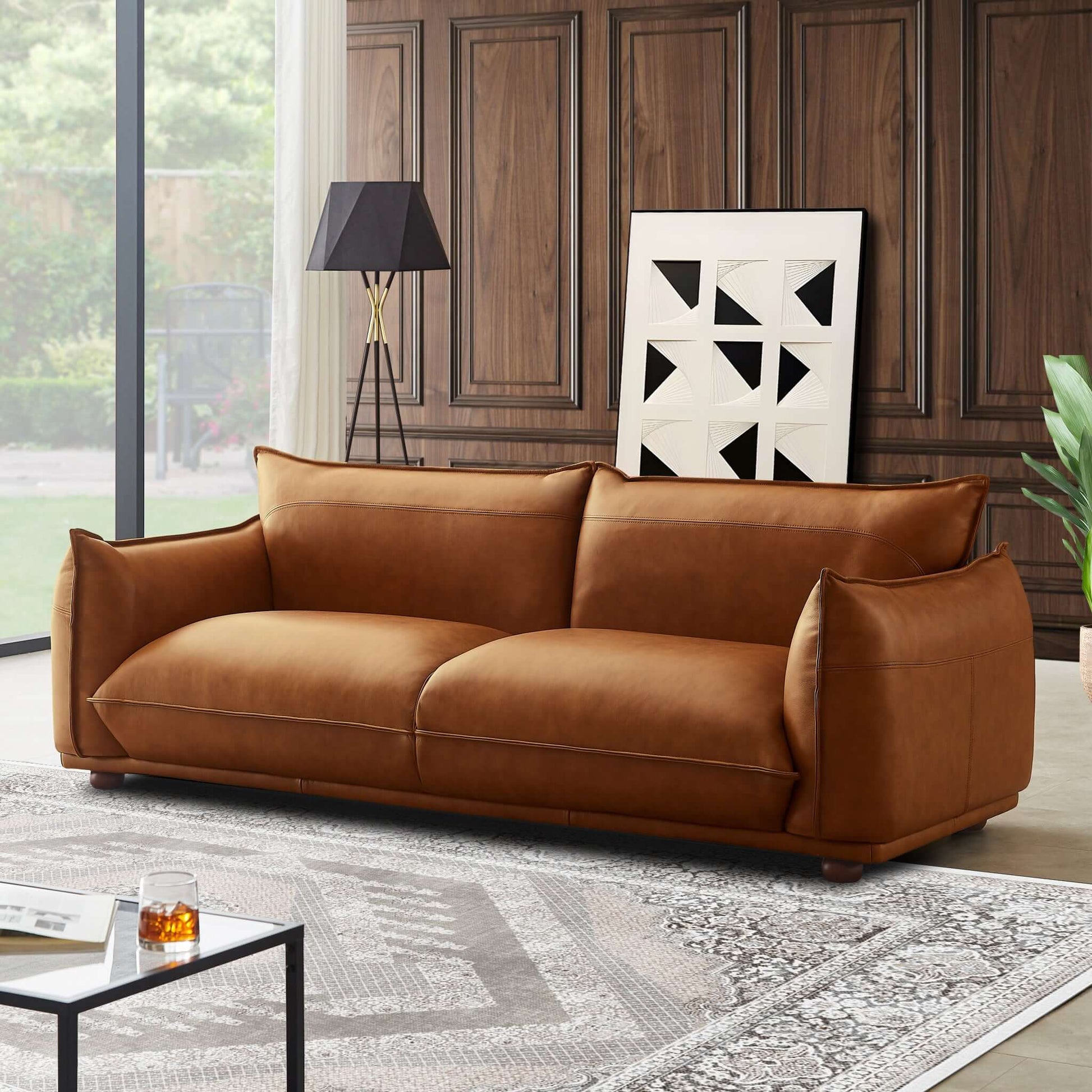 Emma Mid-Century Modern Cognac Leather Tufted Sofa