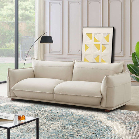 Emma Mid Century Modern Luxury Cream Leather Sofa - 89"