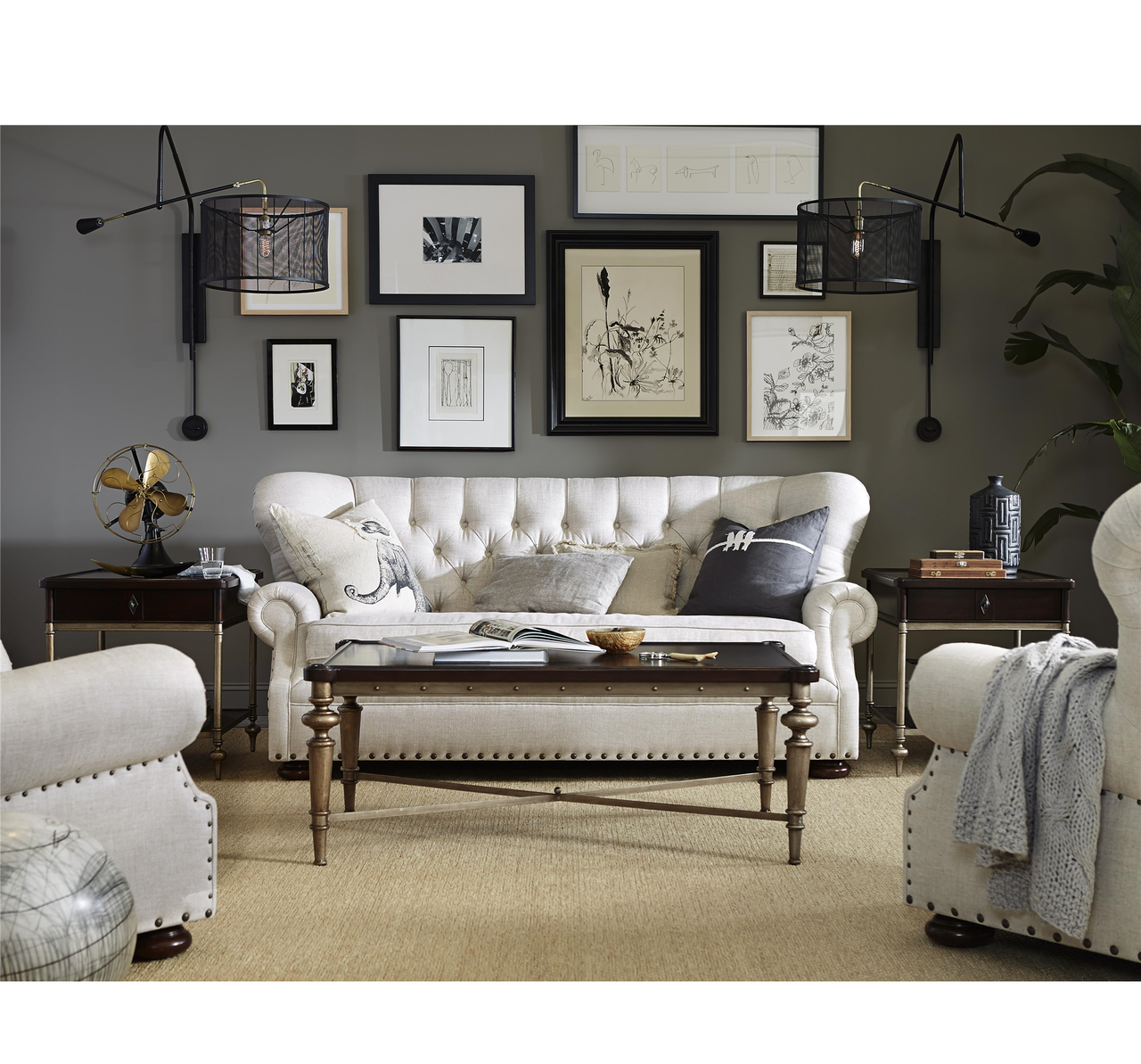Maxwell Linen Upholstered Tufted Lounge Arm chairs with Nailheads