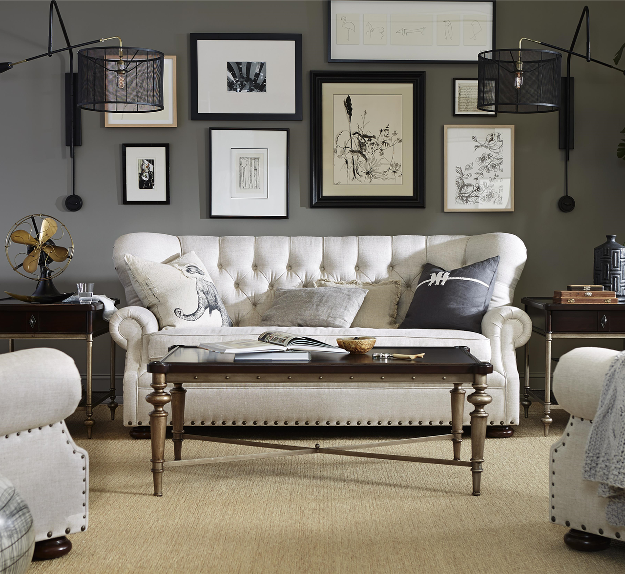 Maxwell Linen Upholstered Button Tufted Sofa with nailhead trim