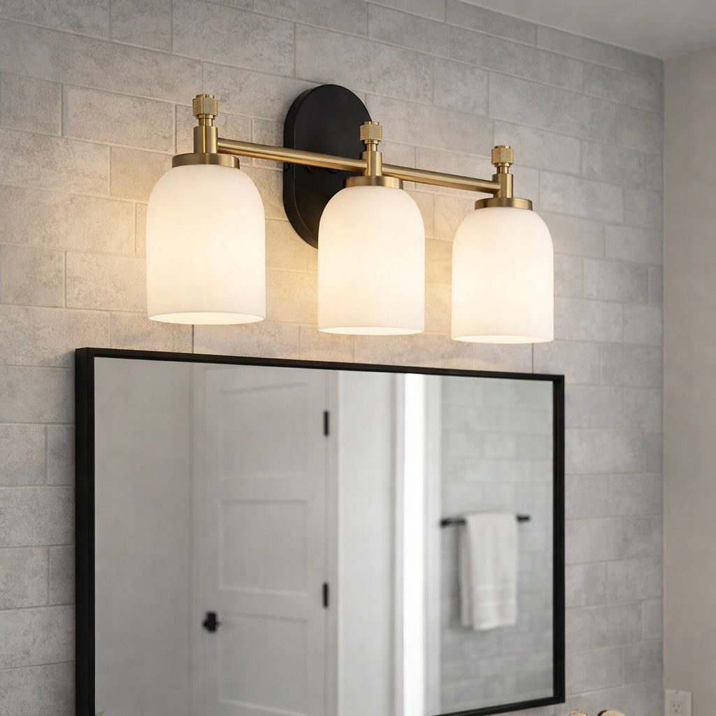 Meadows Three Lights Vanity Brushed Gold Bathroom Wall Light for Bathroom Over Mirror 20.5"W × 10.125"H × 5.5"E with White Frosted Glass