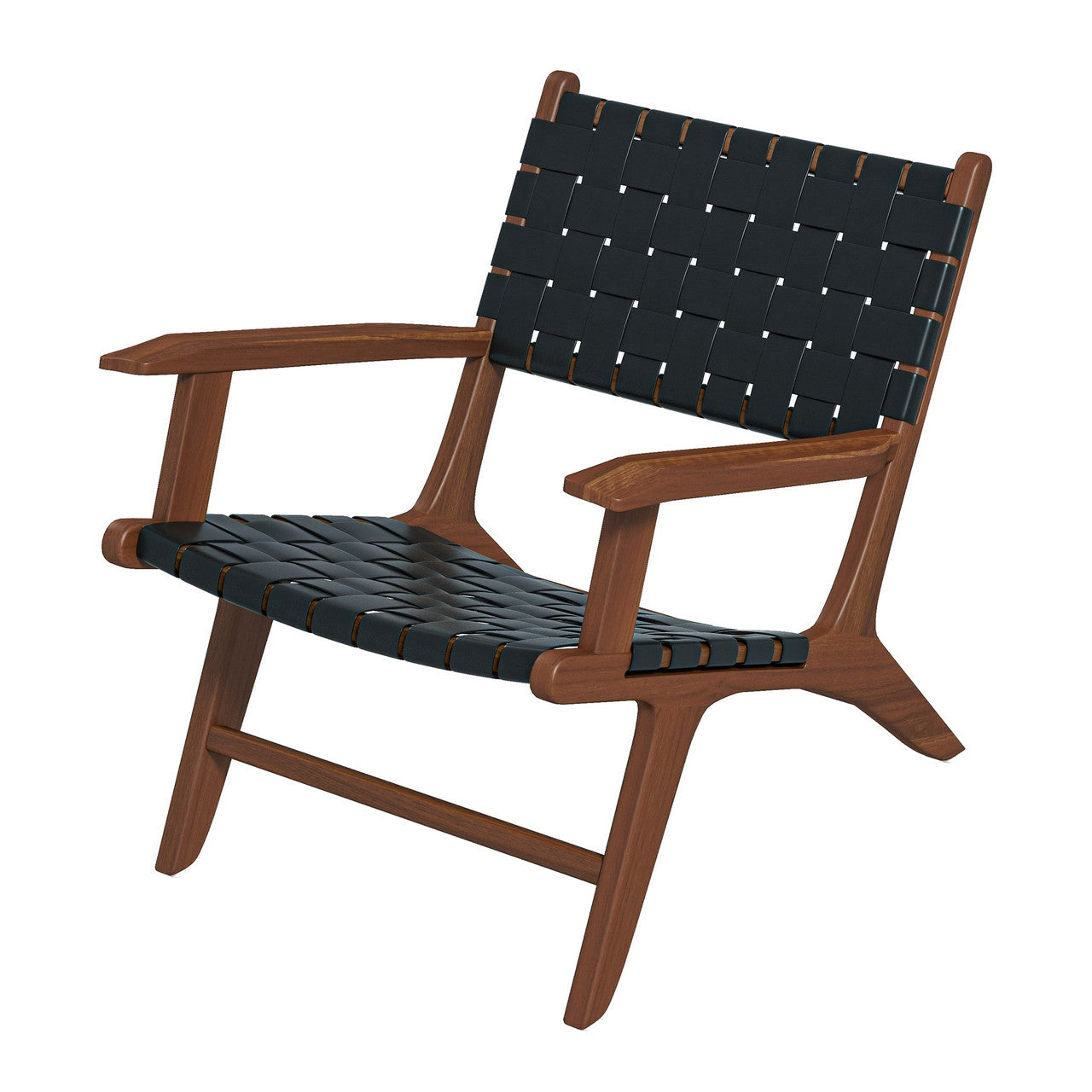 Melody Black Strap Leather Teak Wood Lounge Chair - Black