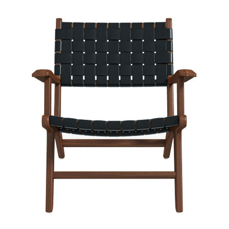 Melody Black Strap Leather Teak Wood Lounge Chair - Black - 27.5"