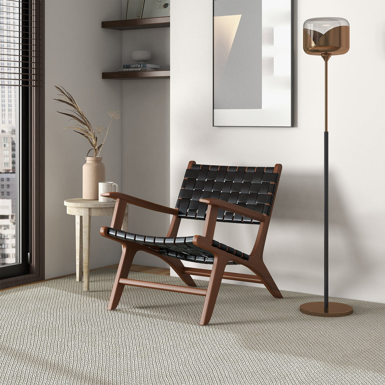 Melody Black Strap Leather Teak Wood Lounge Chair - Black
