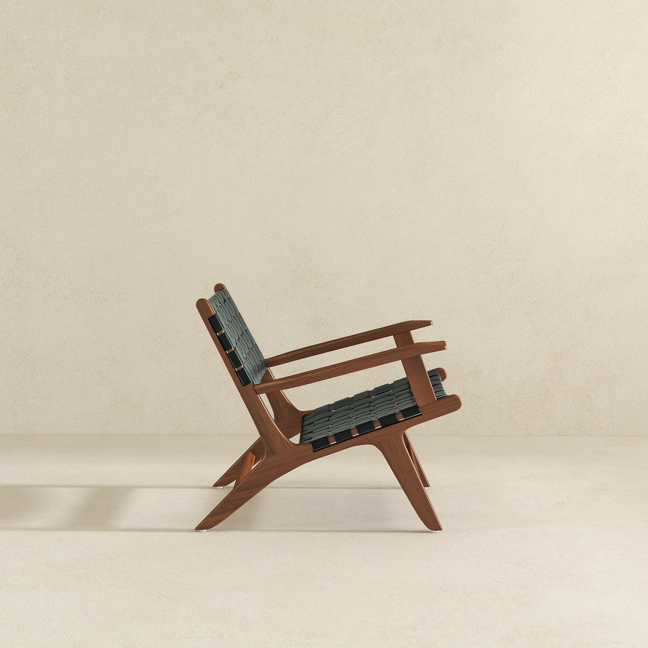 Melody Black Strap Leather Teak Wood Lounge Chair - Black