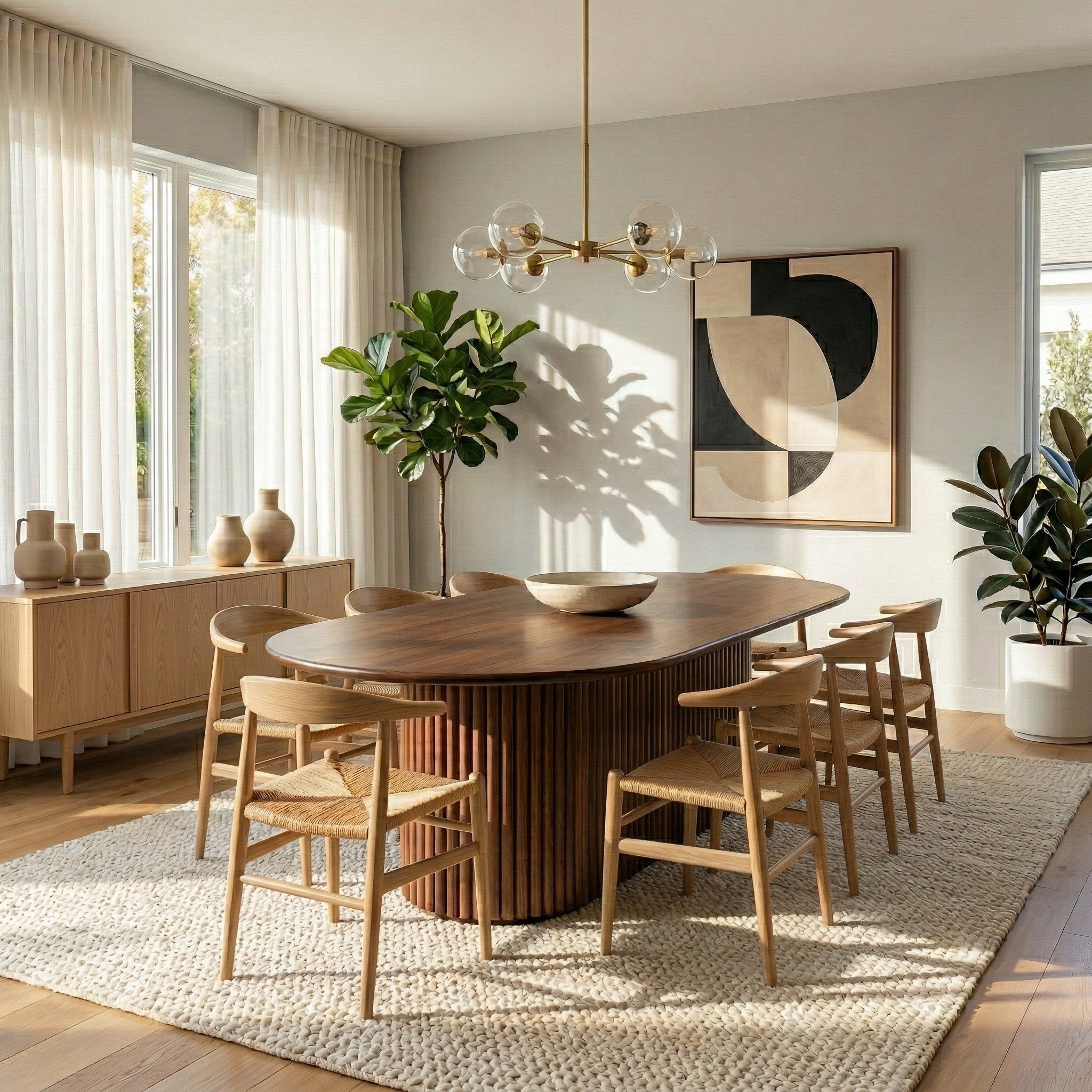 Merlin Oval Solid Wood Dining Table with Ribbed Pedestal Base
