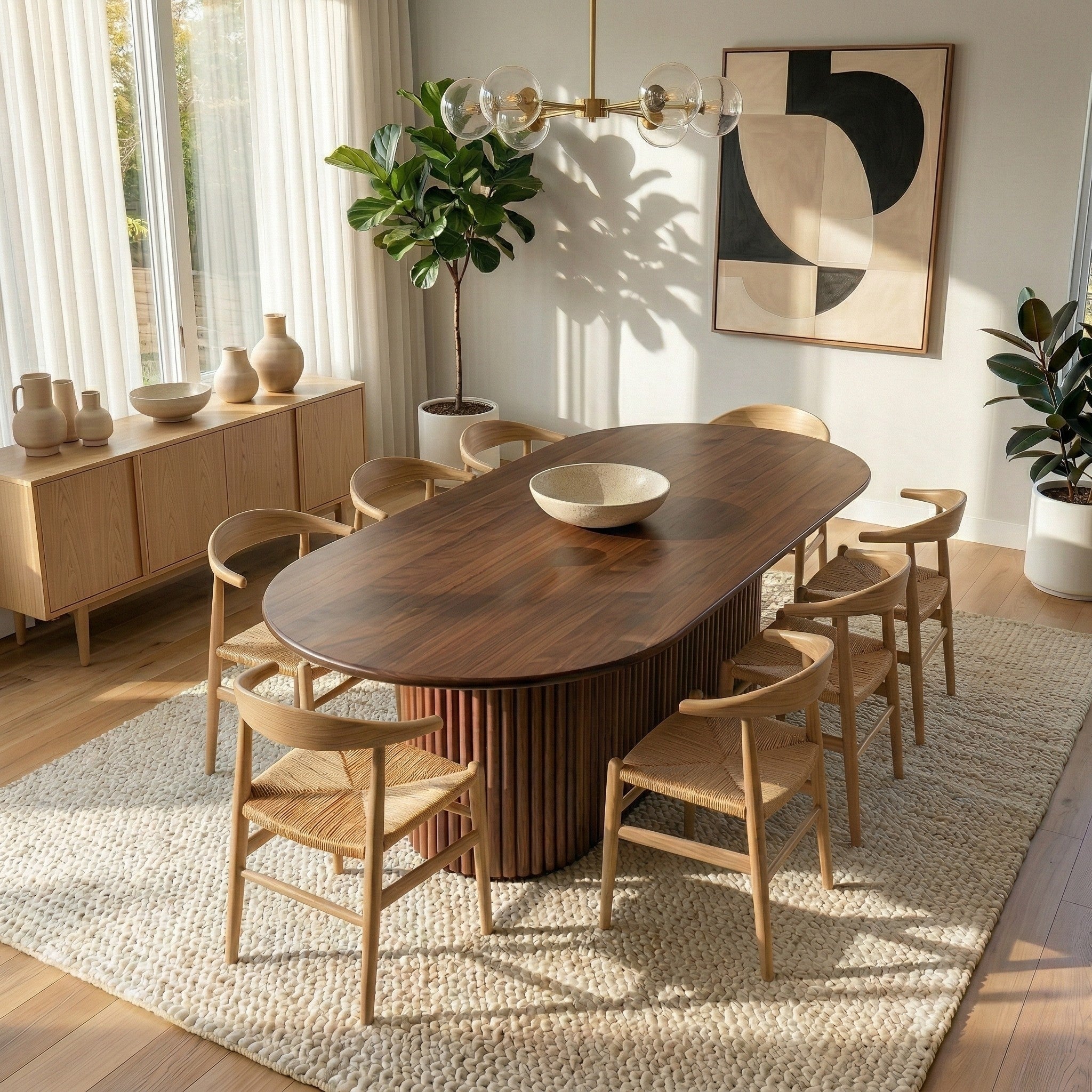Merlin Oval Solid Wood Dining Table with Ribbed Pedestal Base