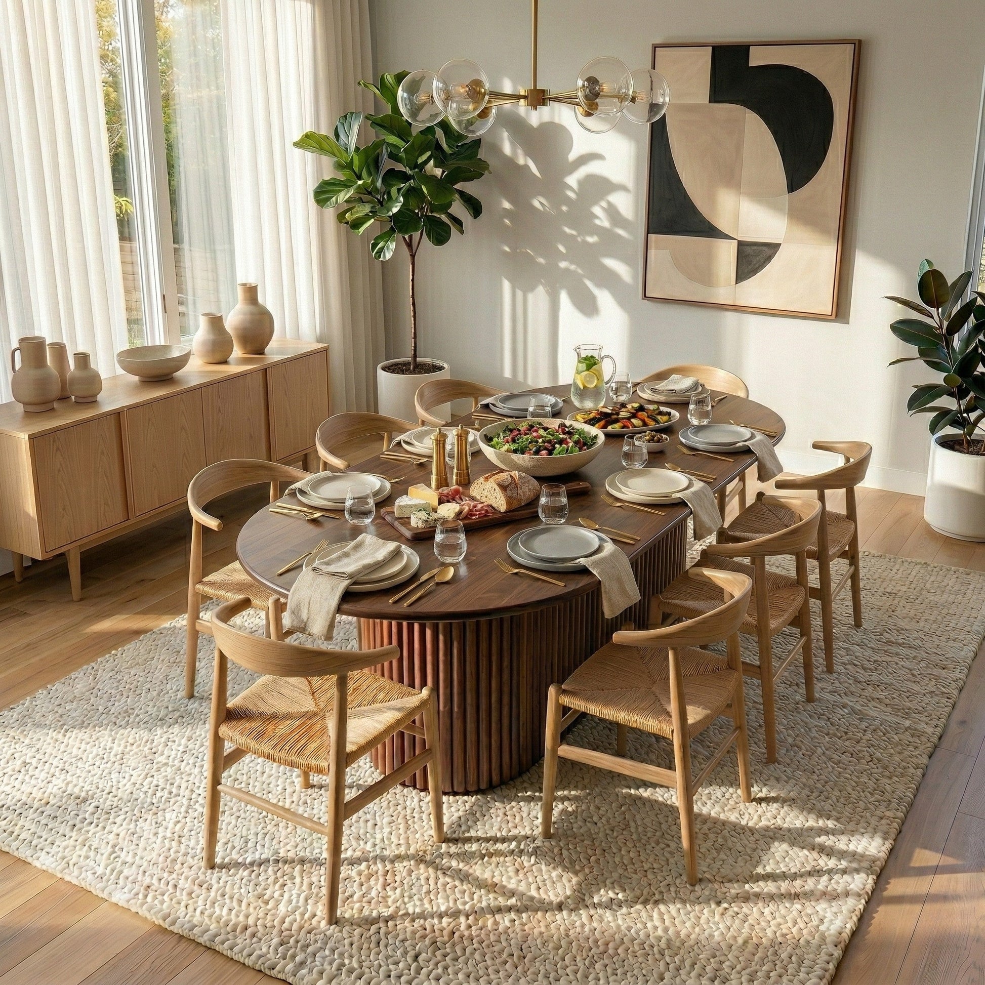 Merlin Oval Solid Wood Dining Table with Ribbed Pedestal Base