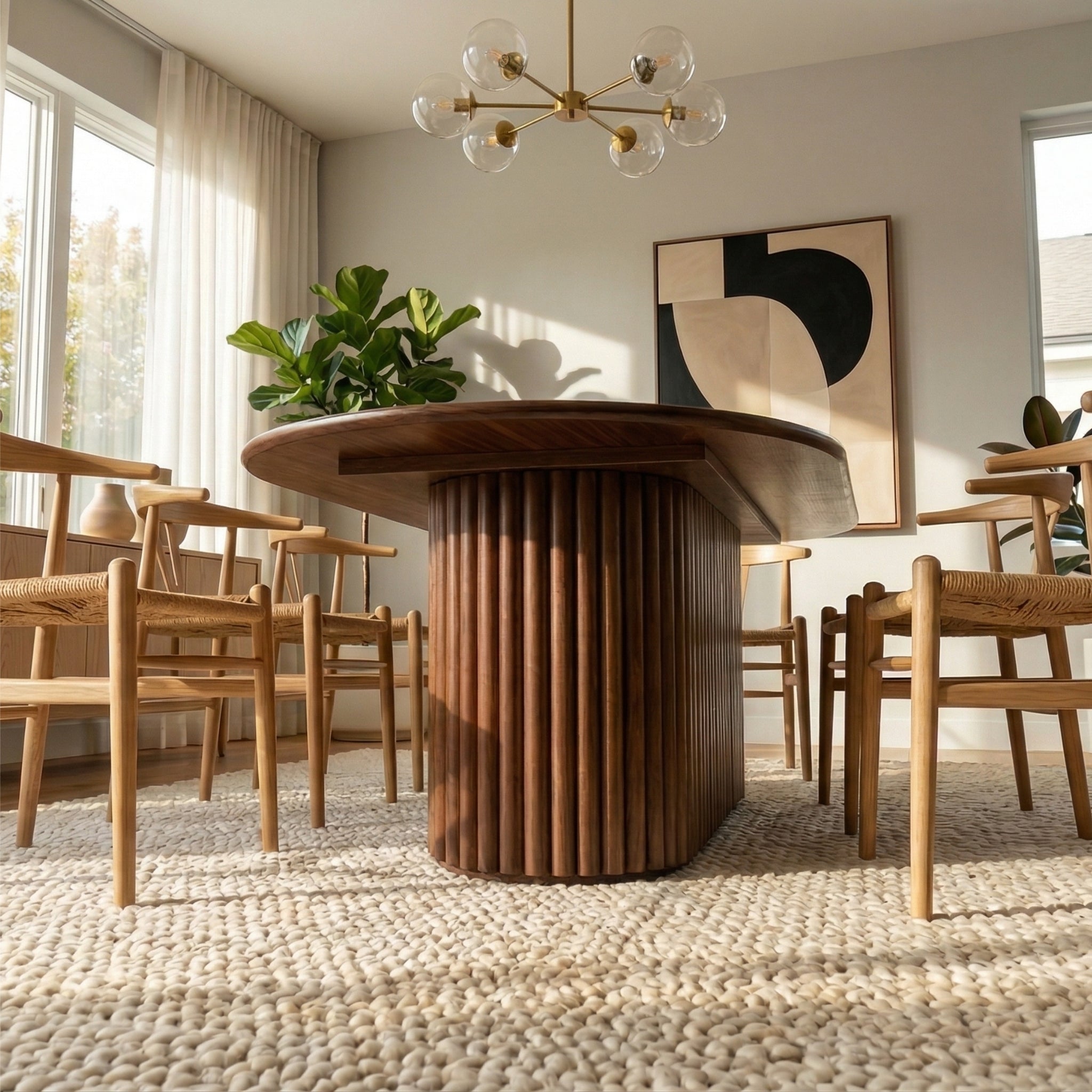 Merlin Oval Solid Wood Dining Table with Ribbed Pedestal Base