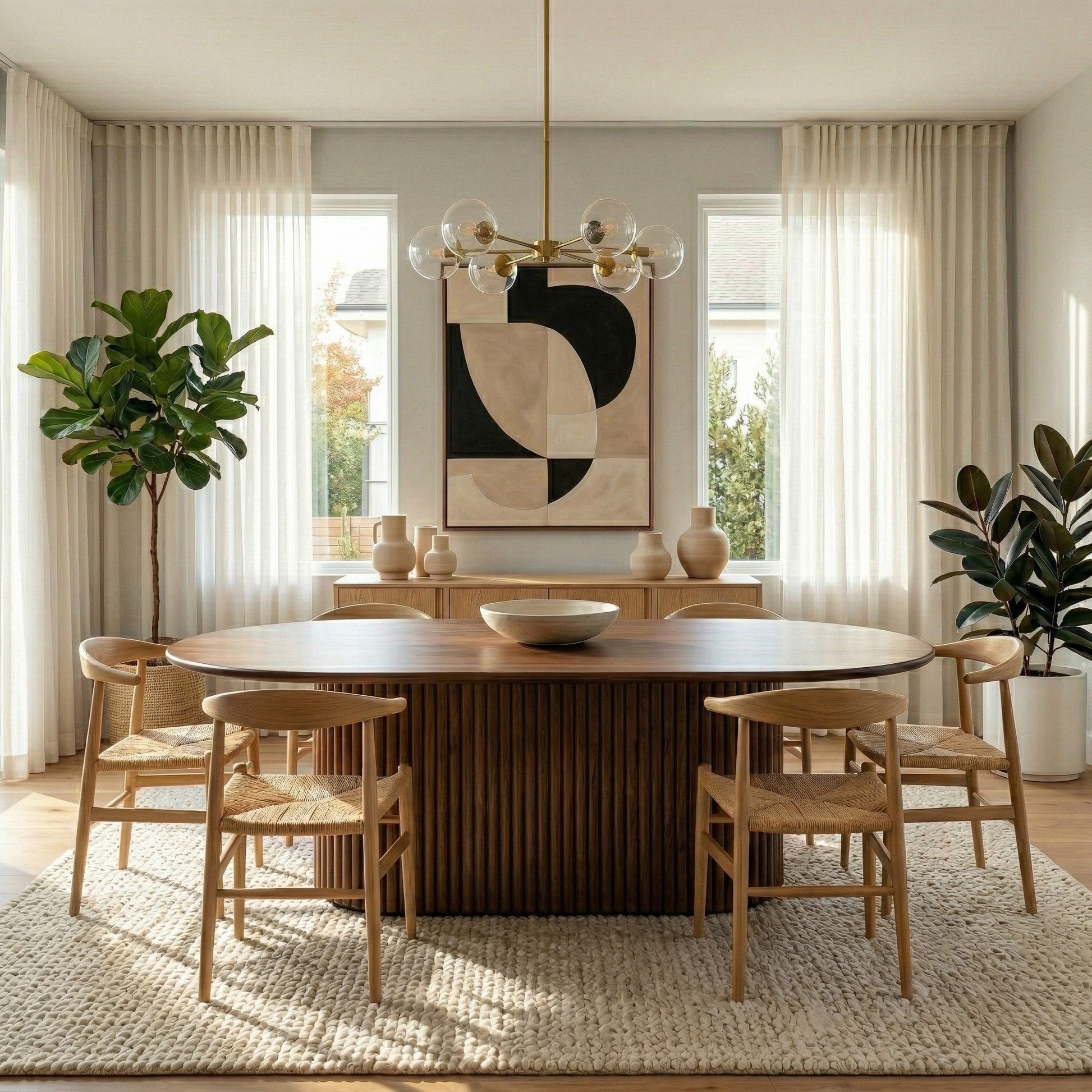 Merlin Oval Solid Wood Dining Table with Ribbed Pedestal Base