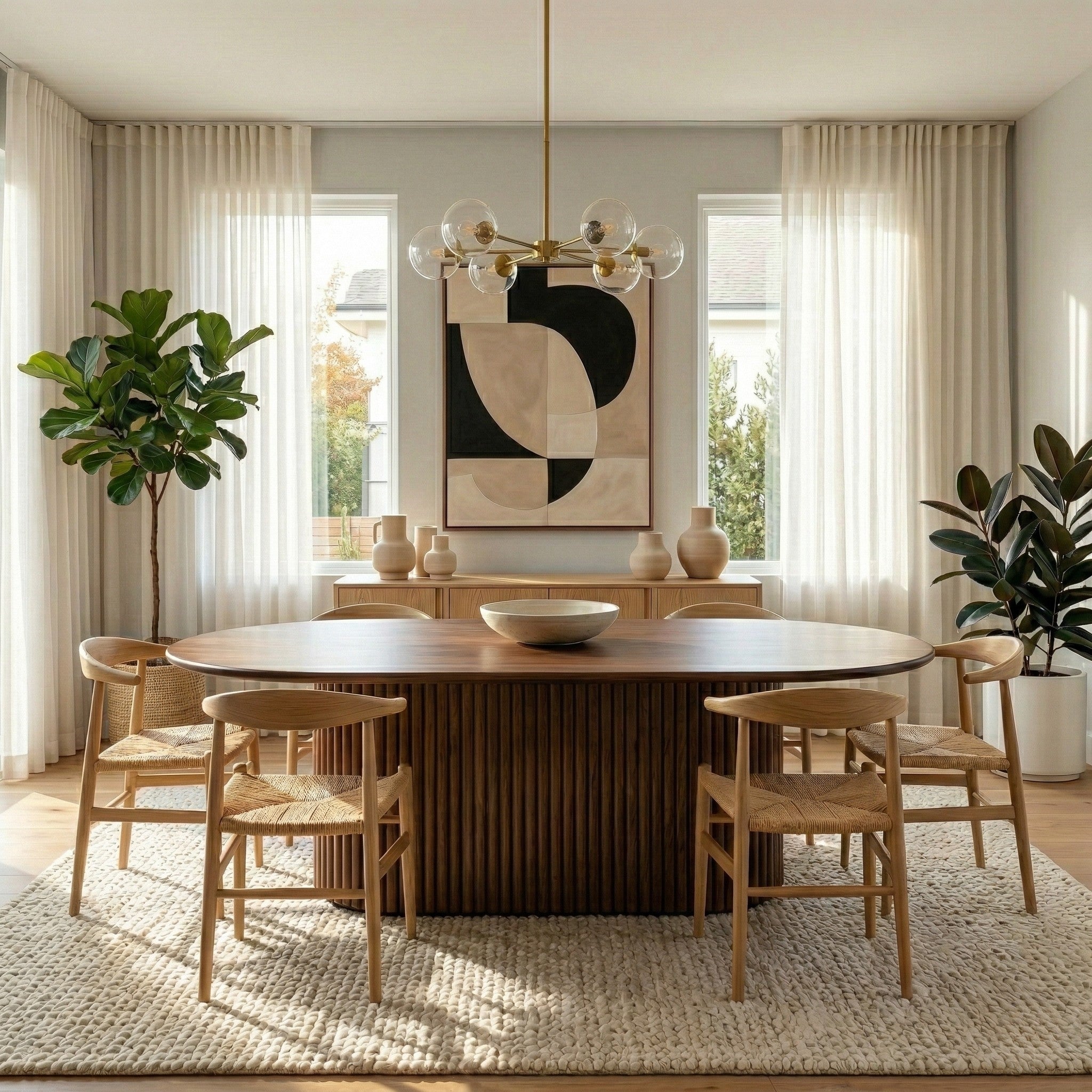 Merlin Oval Solid Wood Dining Table with Ribbed Pedestal Base