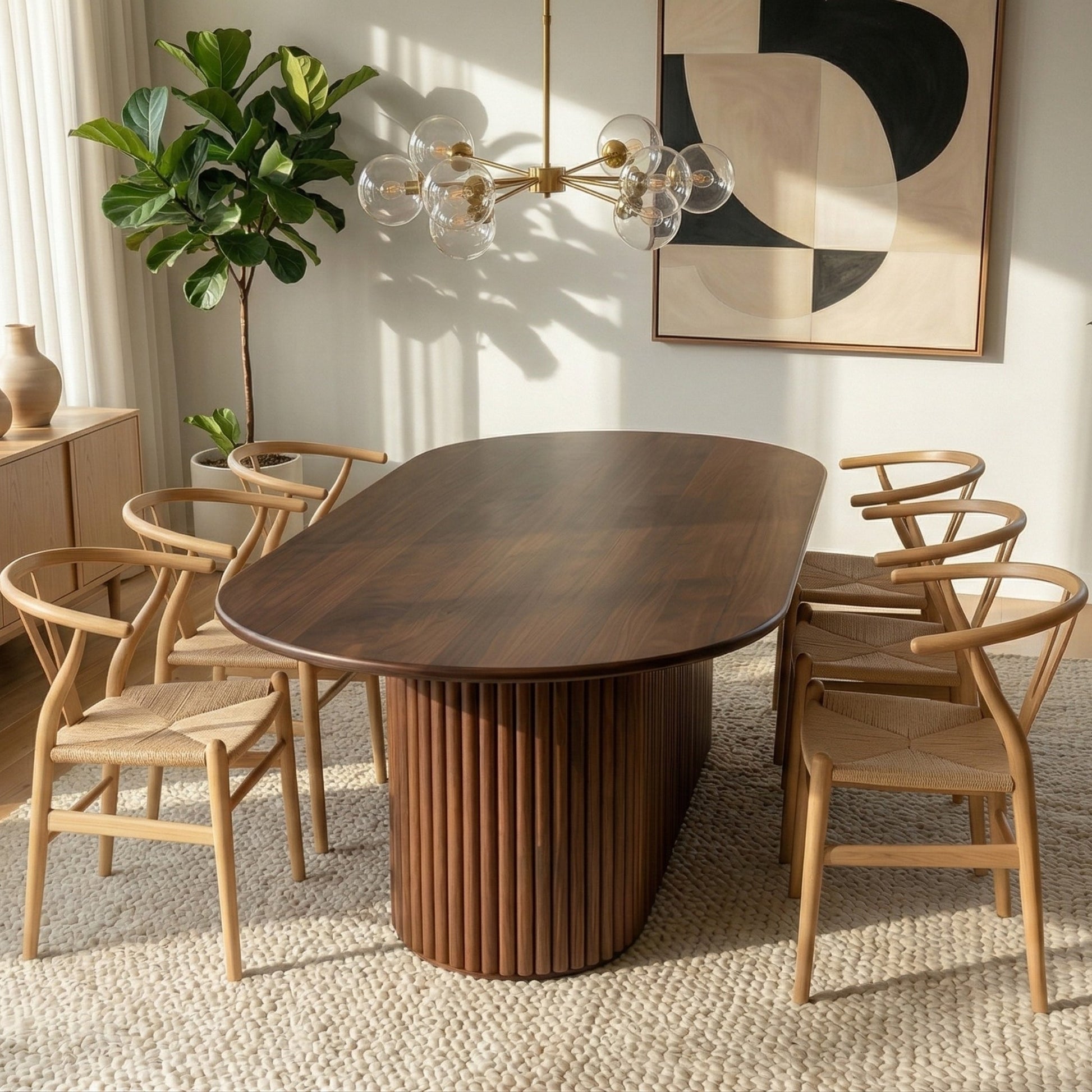 Merlin Oval Solid Wood Dining Table with Ribbed Pedestal Base