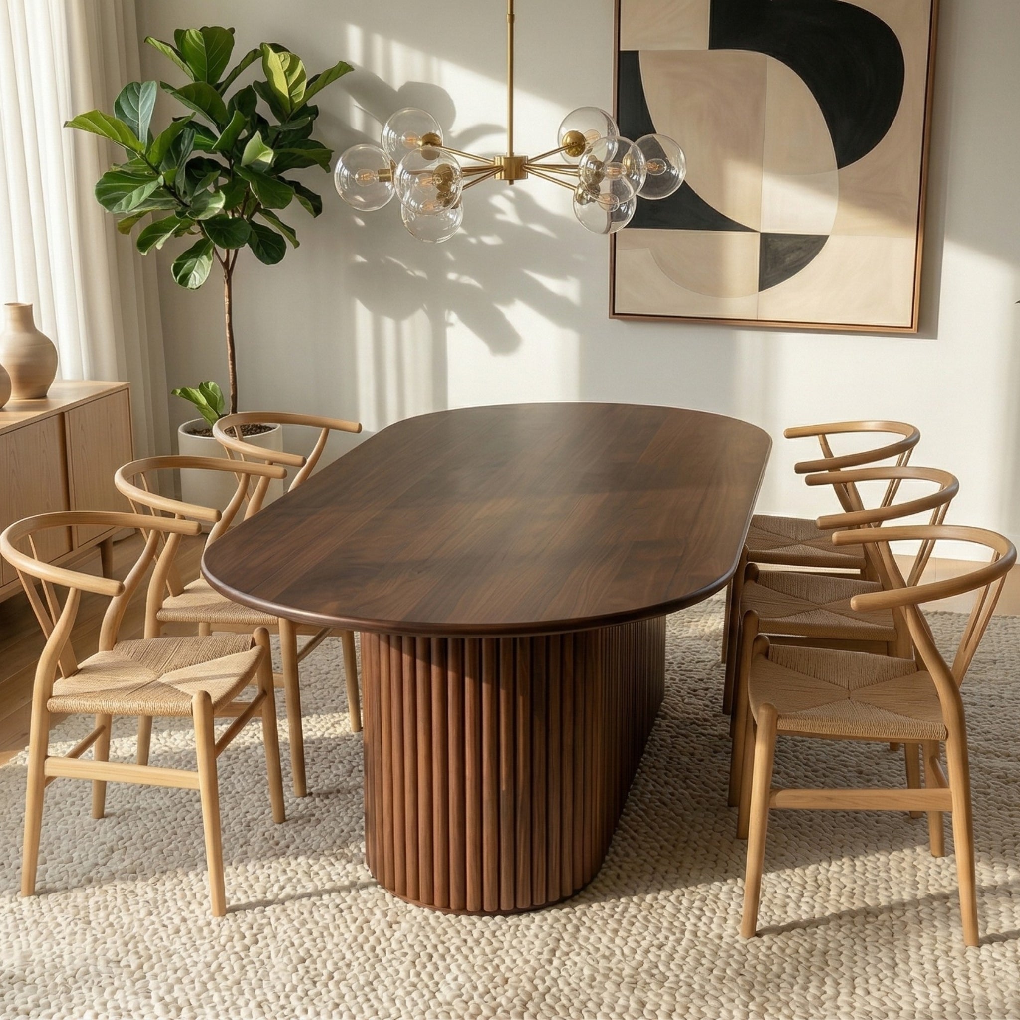 Merlin Oval Solid Wood Dining Table with Ribbed Pedestal Base