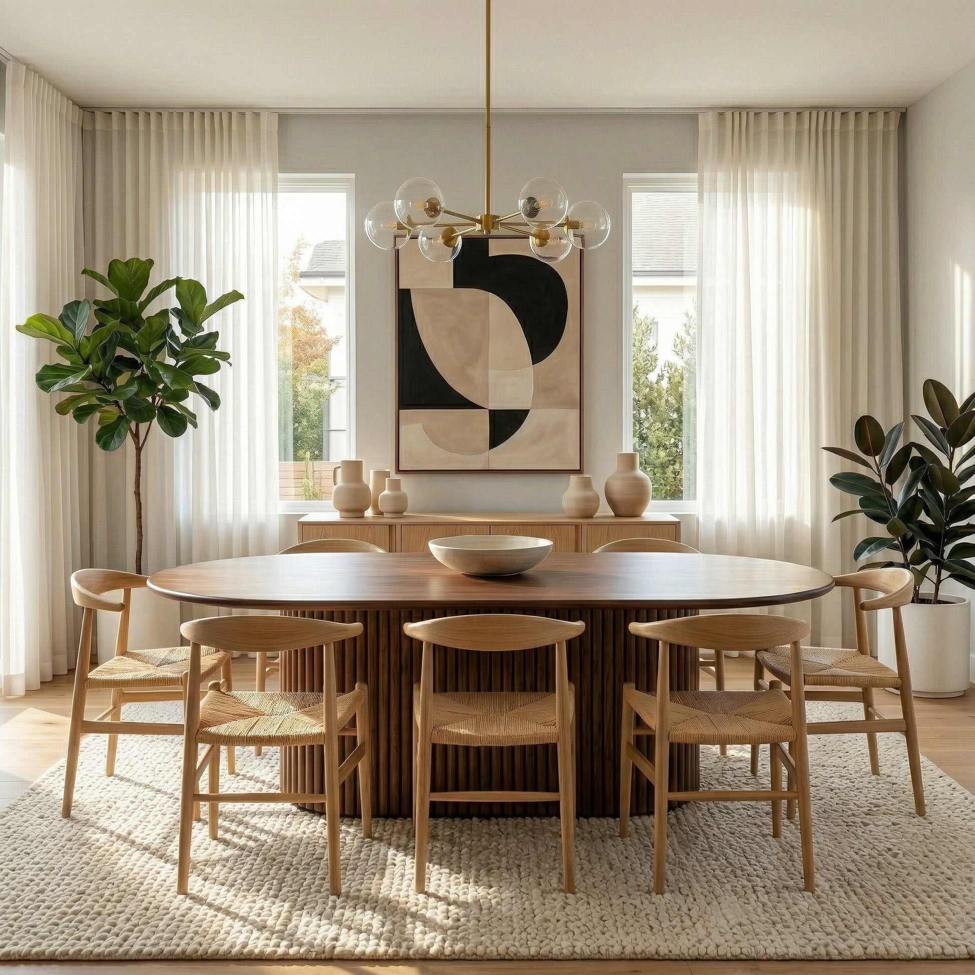 Merlin Oval Solid Wood Dining Table with Ribbed Pedestal Base