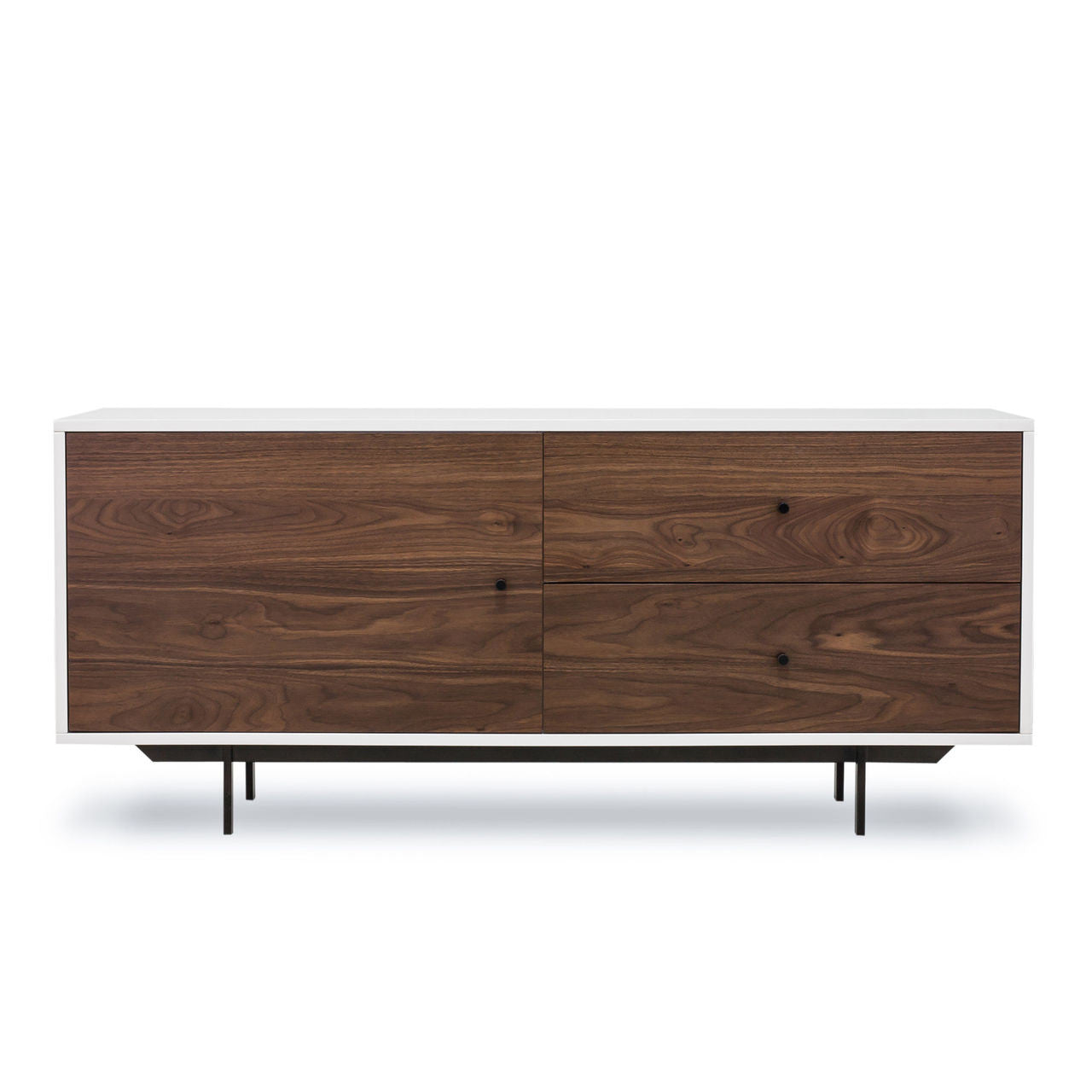 Mid-Century Modern Folding Drawer Media Console- White + Walnut