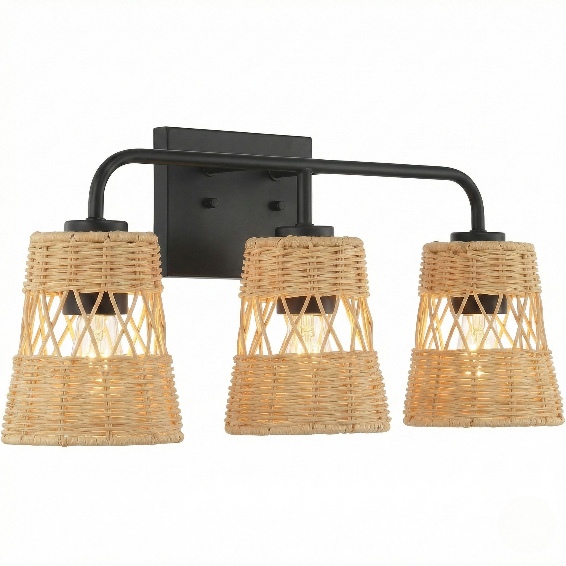 Moonlit Three Lights Wall Sconce With Rattan Shade, Bathroom Lighting Fixtures Over Mirror