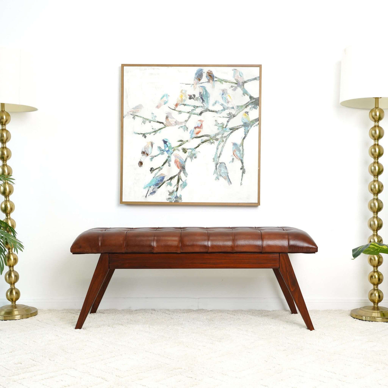 Maja Mid Century Modern Tan Leather Bench